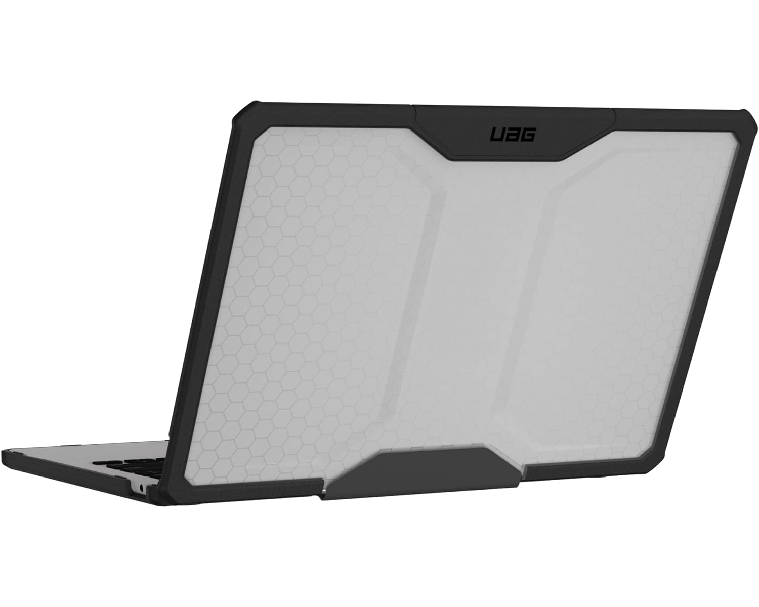 Retro del laptop con custodia UAG. Motivo a nido d'ape grigio. Sfondo bianco e nero.