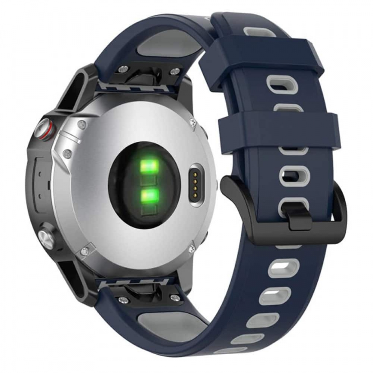 Eine Smartwatch mit blauem Armband. Sie zeigt die Unterseite mit einem Herzfrequenzsensor.