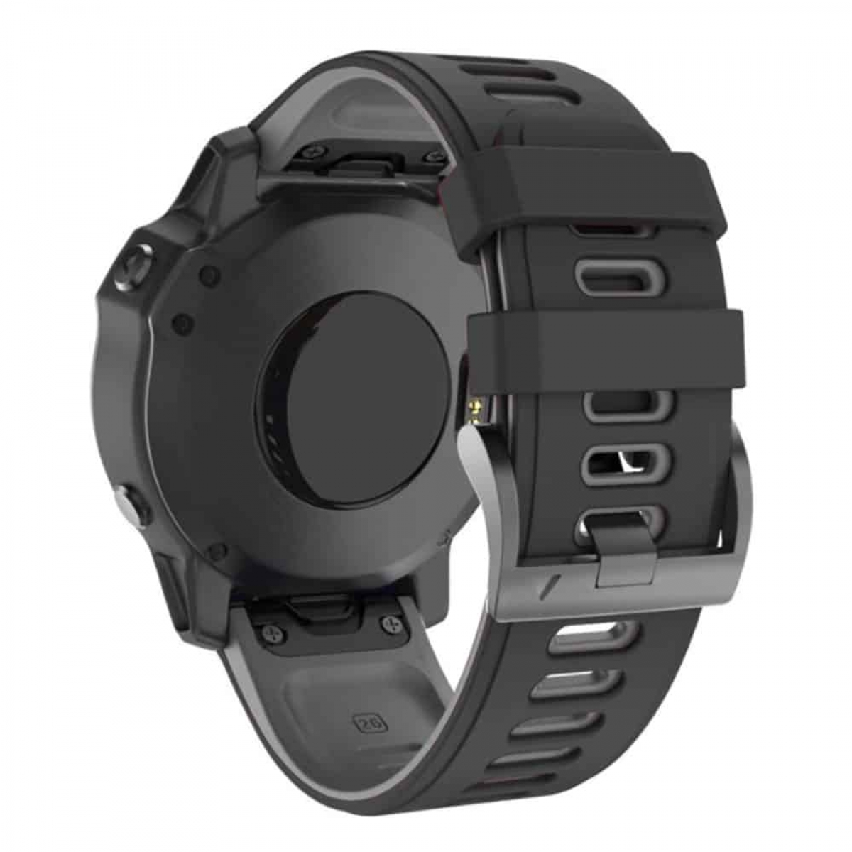 Schwarze Smartwatch mit schwarzem Armband. Auf der Rückseite sind Sensor und Ladepunkte zu sehen.