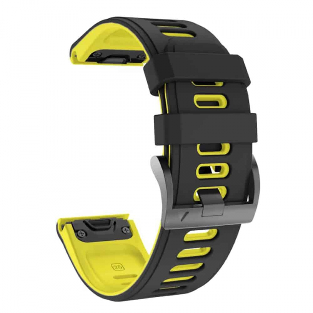 Schwarz-gelbes Uhrenarmband. Das Band hat eine Schnalle und ein gelbes Innenleben.