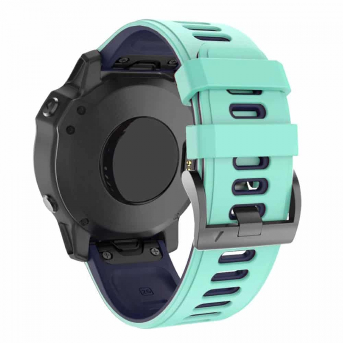 Eine schwarze Smartwatch mit blauen Akzenten und einem türkisfarbenen Armband.