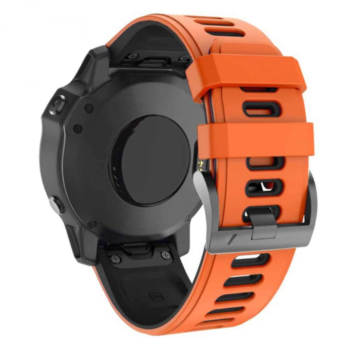 Schwarz-orange Uhr mit orangefarbenem Armband. Die Uhr ist abgewandt.