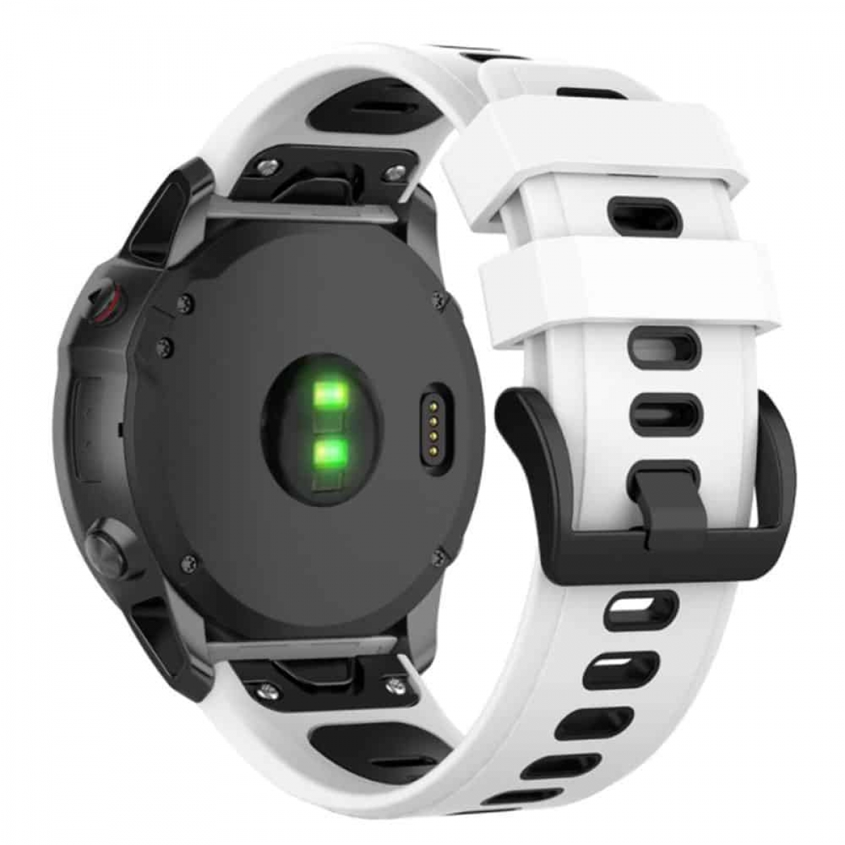 Eine Smartwatch mit weißem Armband und schwarzem Rahmen. Rückseite zeigt grüne Lichter und Sensoren.