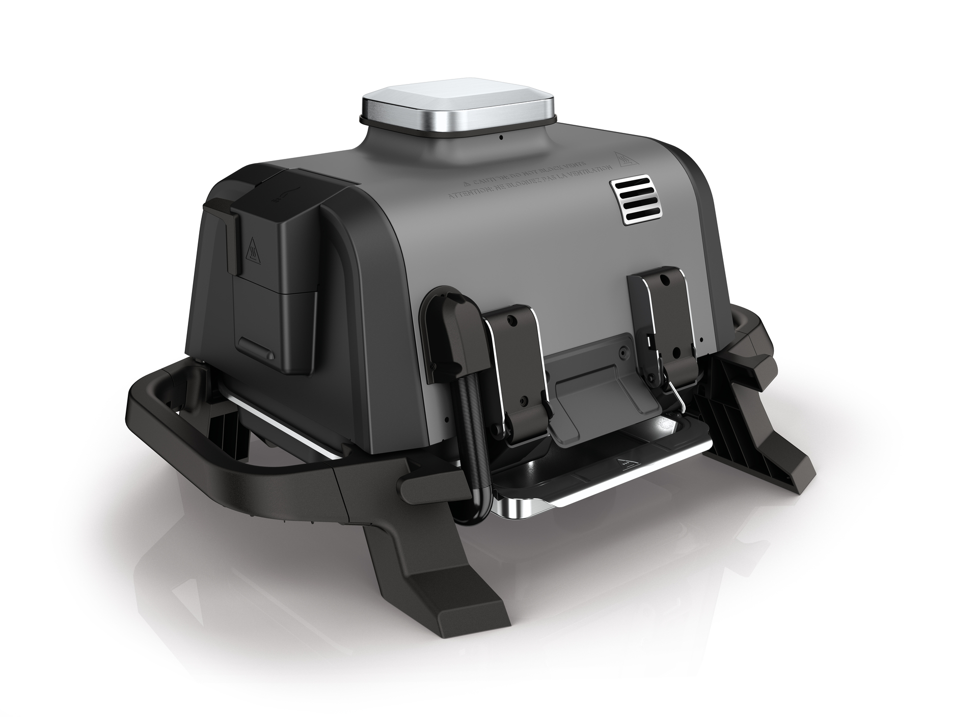 Ein grauer und schwarzer Indoor-Grill mit silberner Oberseite und schwarzem Sockel.