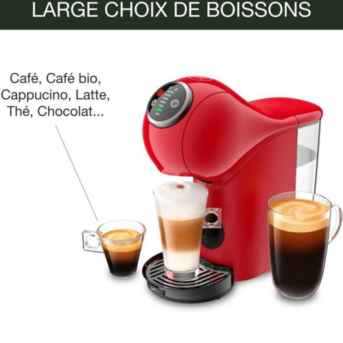 Macchina da caffè rossa con tazze di caffè e testo. Il testo recita: Grande scelta di bevande.