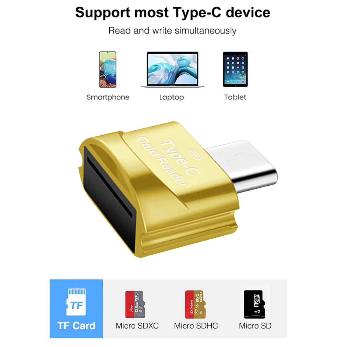 Goldener Kartenleser mit USB-C-Anschluss, der mehrere Geräte unterstützt. Auch Micro-SD-Karten sind sichtbar.