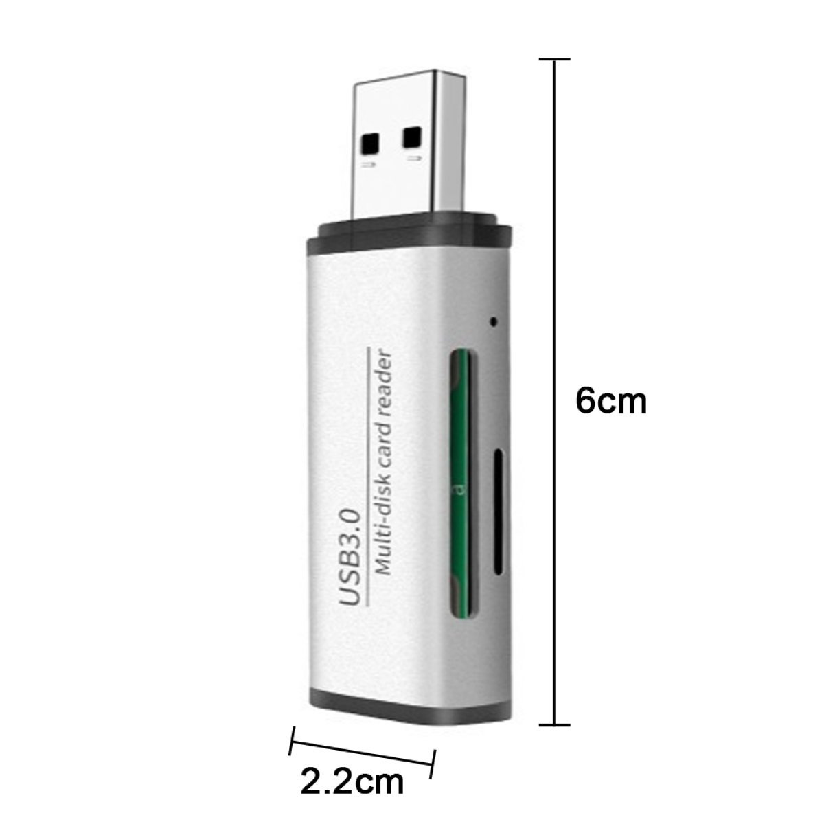 Ein USB 3.0 Multi-Disk-Kartenleser, silber und schwarz, mit den Maßen 2,2 x 6 cm.