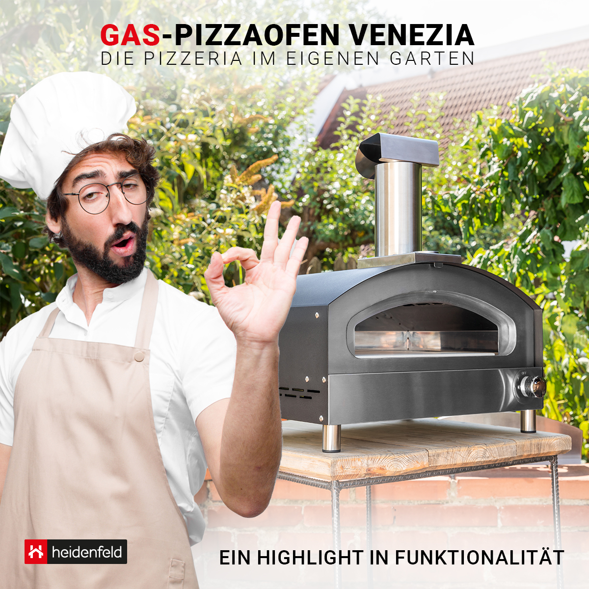 Koch mit Pizzaofen, Gartenhintergrund, macht OK-Zeichen. Text: Gas-Pizzaofen, Highlight in der Funktionalität.