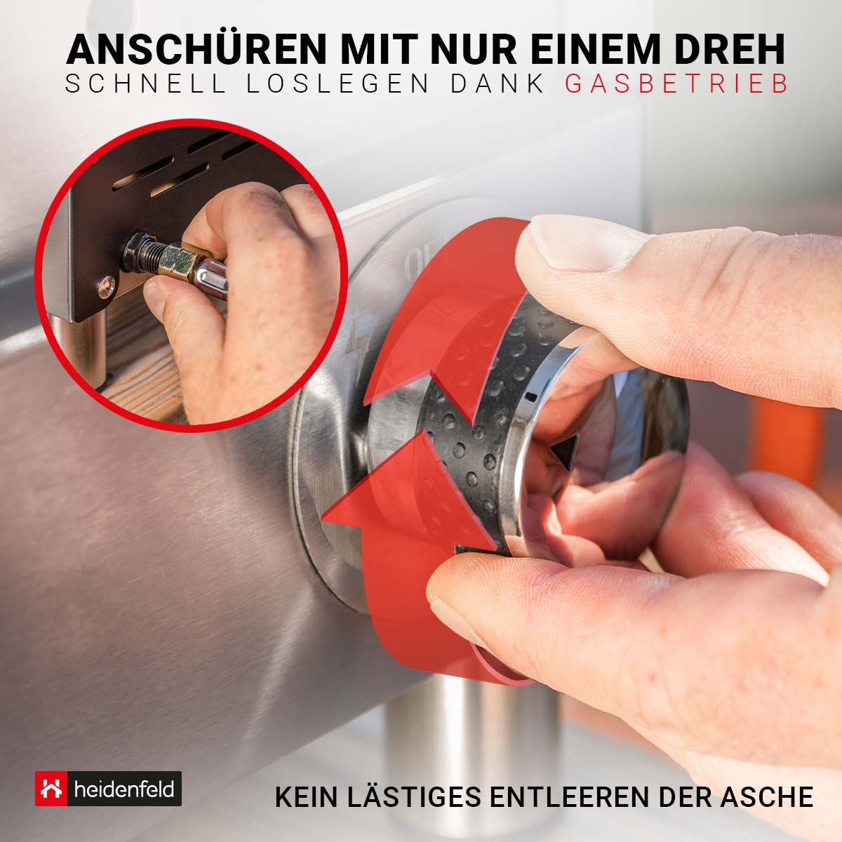 Eine Hand dreht einen Knopf mit roten Pfeilen und Text.
