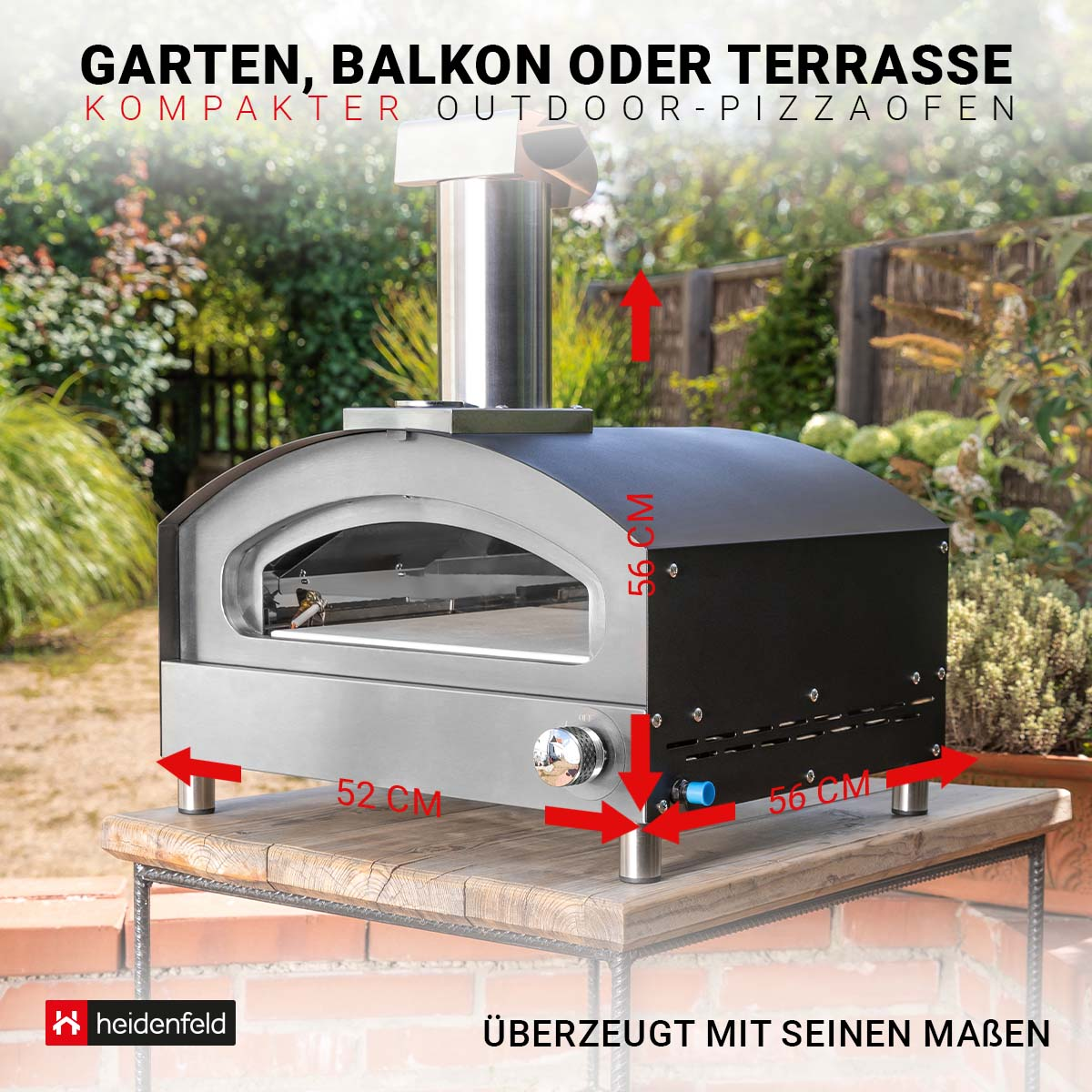 Pizzaofen im Freien auf einem Holztisch. Der Ofen ist schwarz mit Maßangaben.