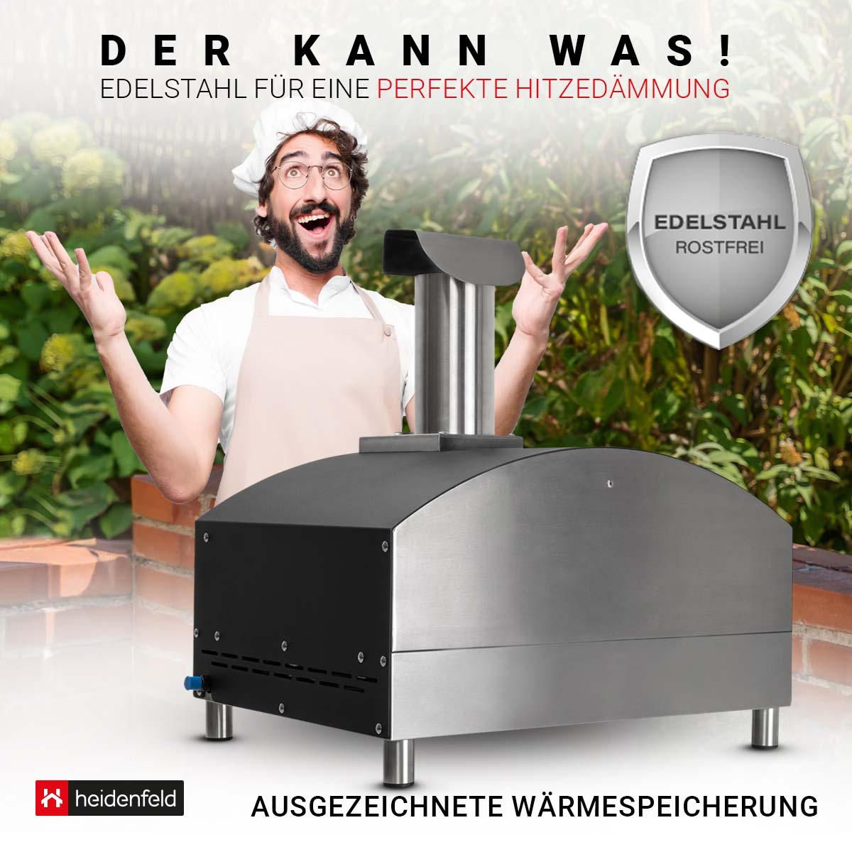 Mann mit Kochmütze und Schürze mit einem Außenofen. Text sagt 'Edelstahl' und 'Wärmespeicherung'.
