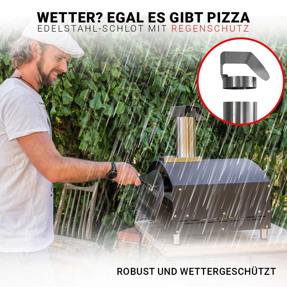 Mann kocht Pizza in einem schwarzen Outdoor-Pizzaofen im Regen. Text: Wetter? Egal!