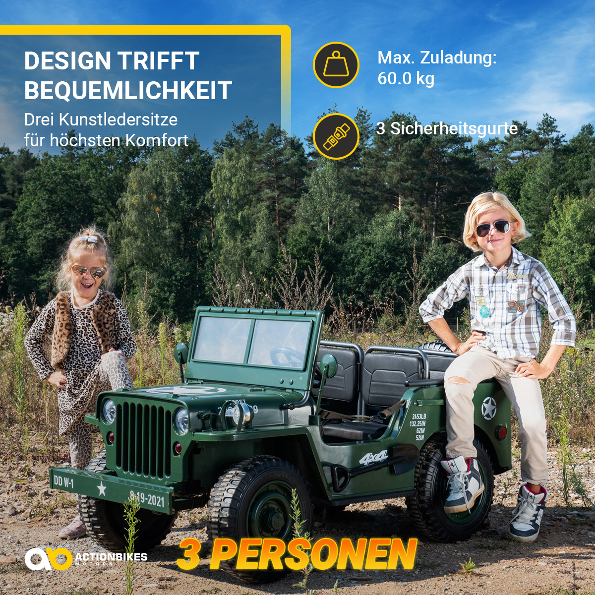 Zwei Kinder neben einem grünen Spielzeug-Jeep. Text lautet 'Design trifft Komfort'.