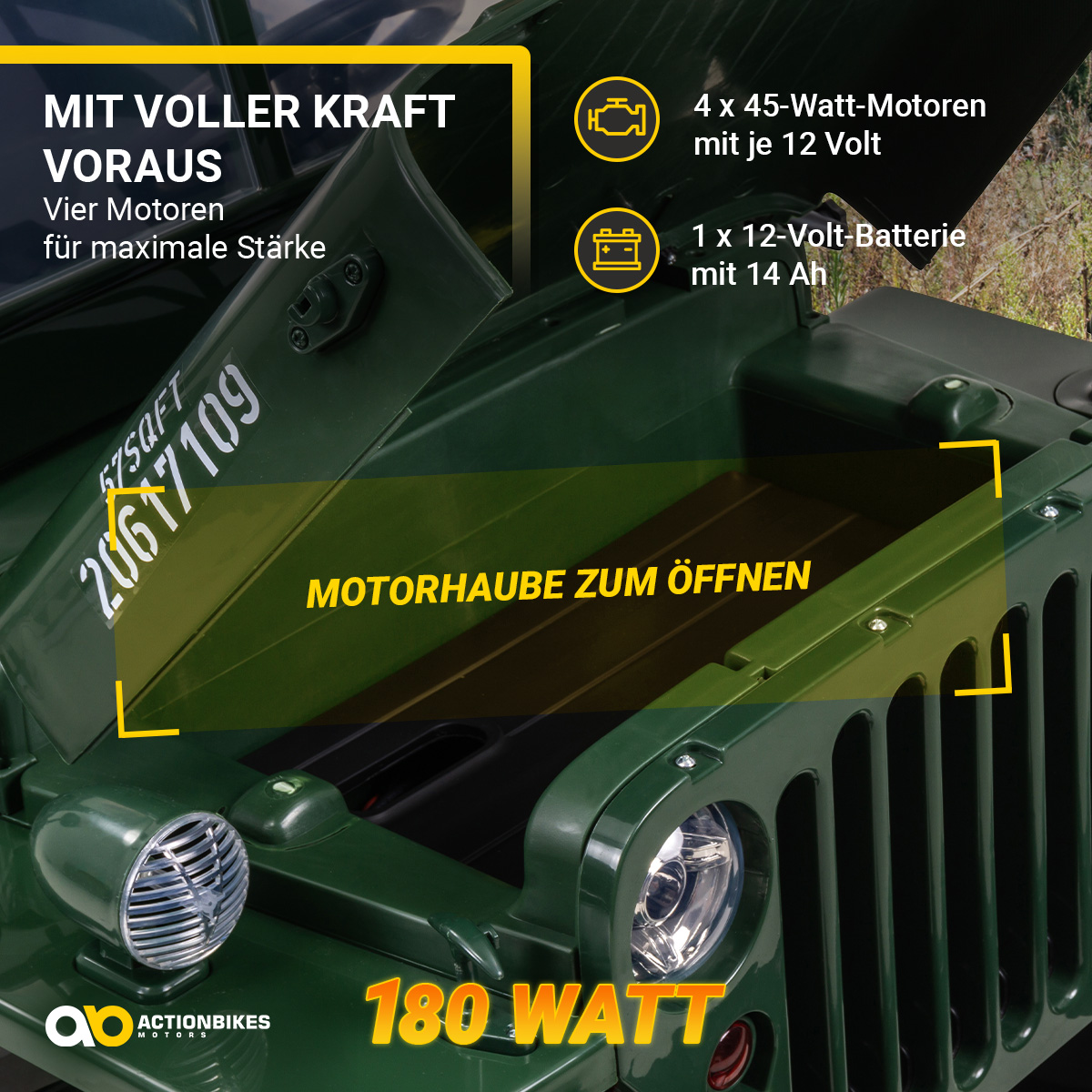 Grünes Spielzeugauto mit geöffneter Motorhaube, Textblasen beschreiben Eigenschaften.