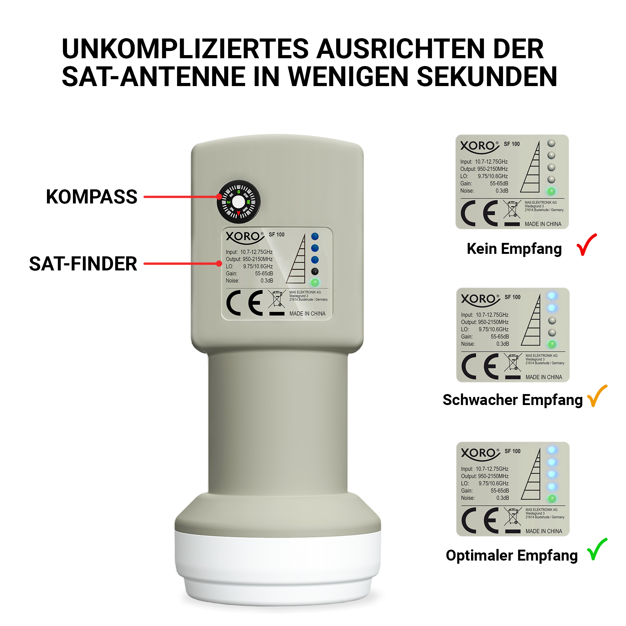 Satellitenantennen-Gerät mit Anzeigen. Zeigt optimale, schwache und keinen Empfang an.