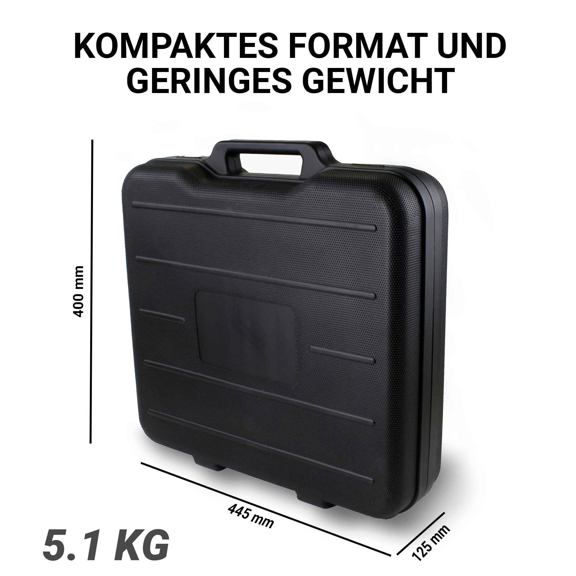 Schwarzer Werkzeugkasten mit Abmessungen und Gewichtsangaben. Text: Kompaktes Format und geringes Gewicht.