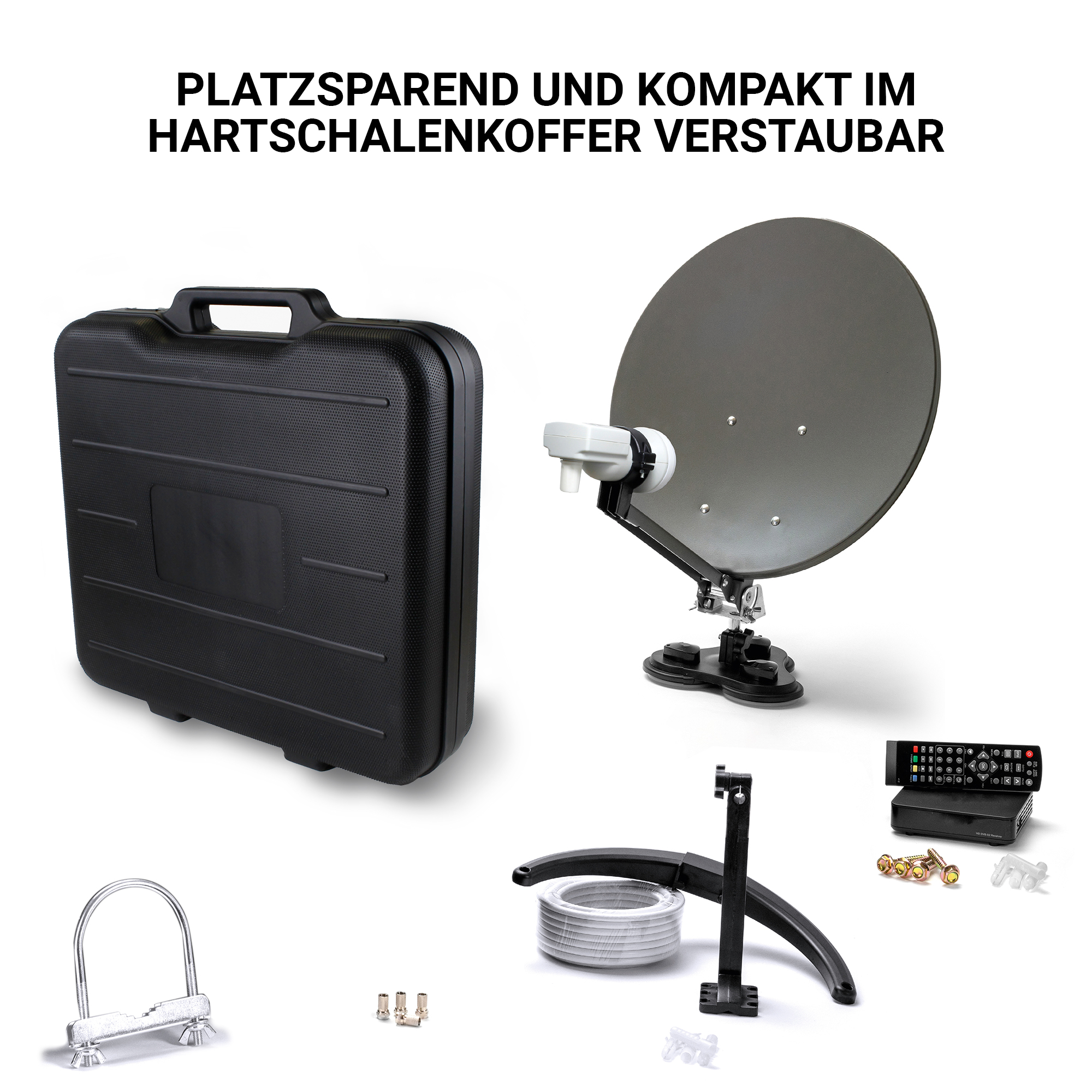 Satellitenschüssel, schwarzer Koffer und Zubehör. Text: Platzsparend und kompakt im Hartschalenkoffer.