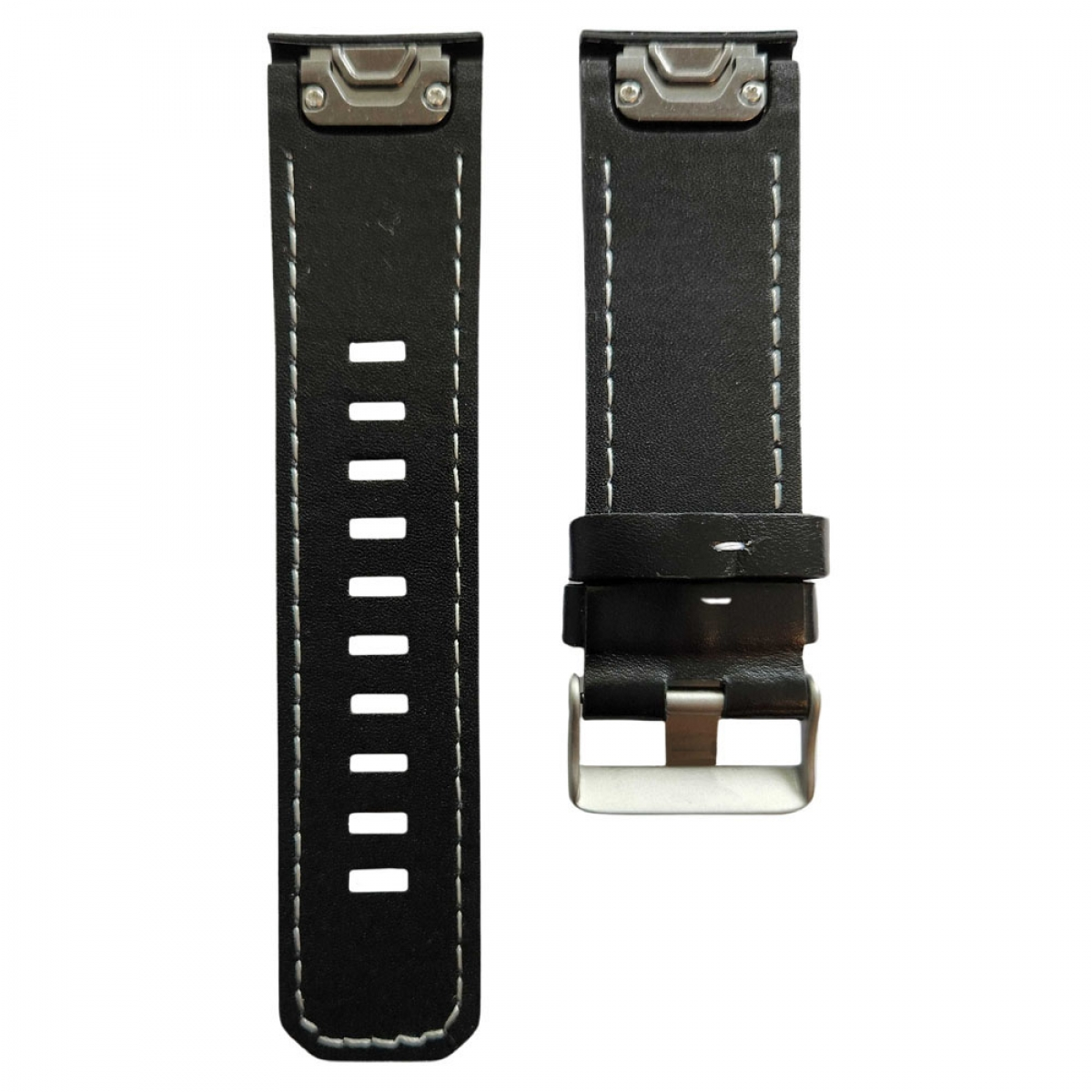 Zwei schwarze Leder-Armbänder mit weißen Nähten und Metallschnallen.