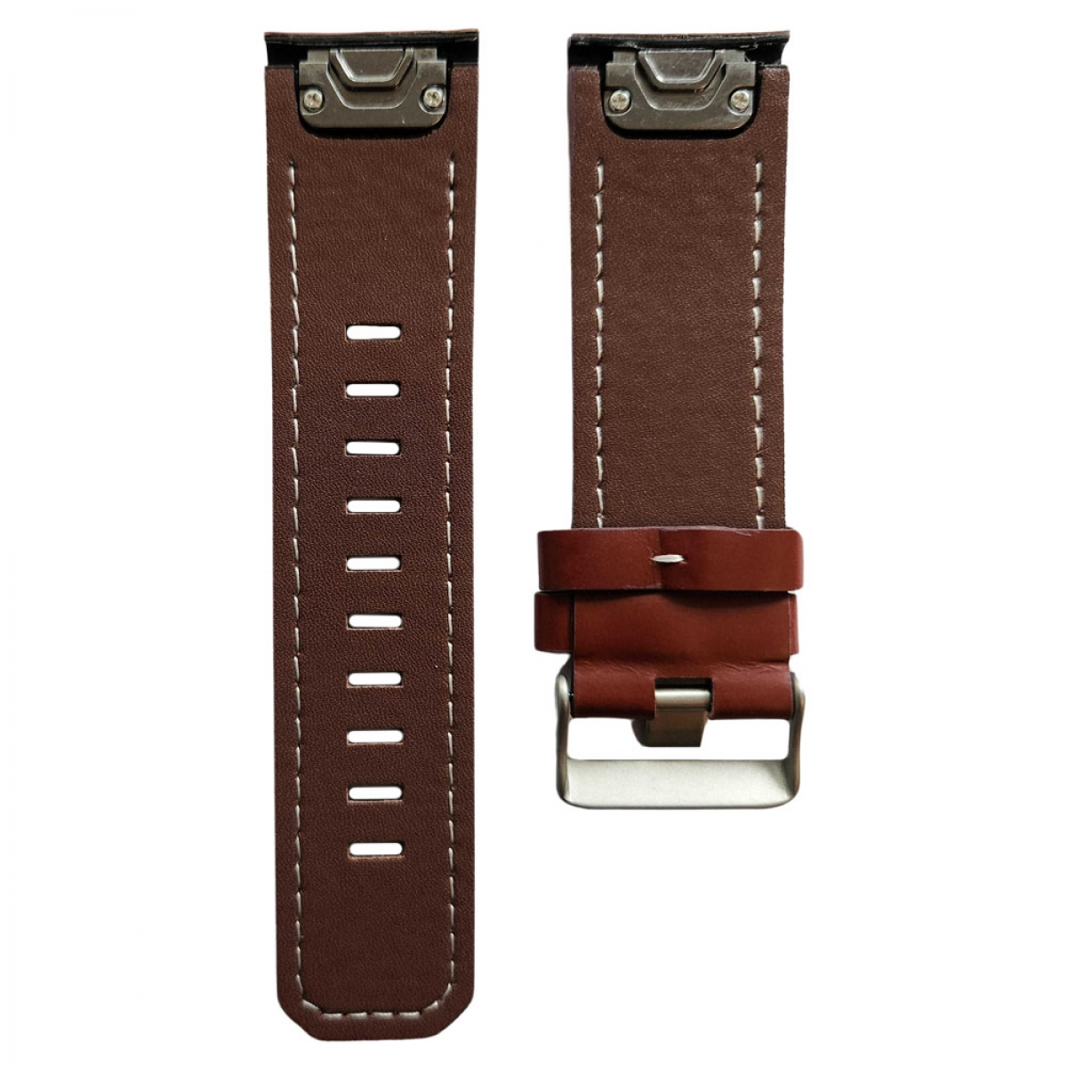 Zwei braune Leder-Armbänder mit weißen Nähten und Metallschnallen.