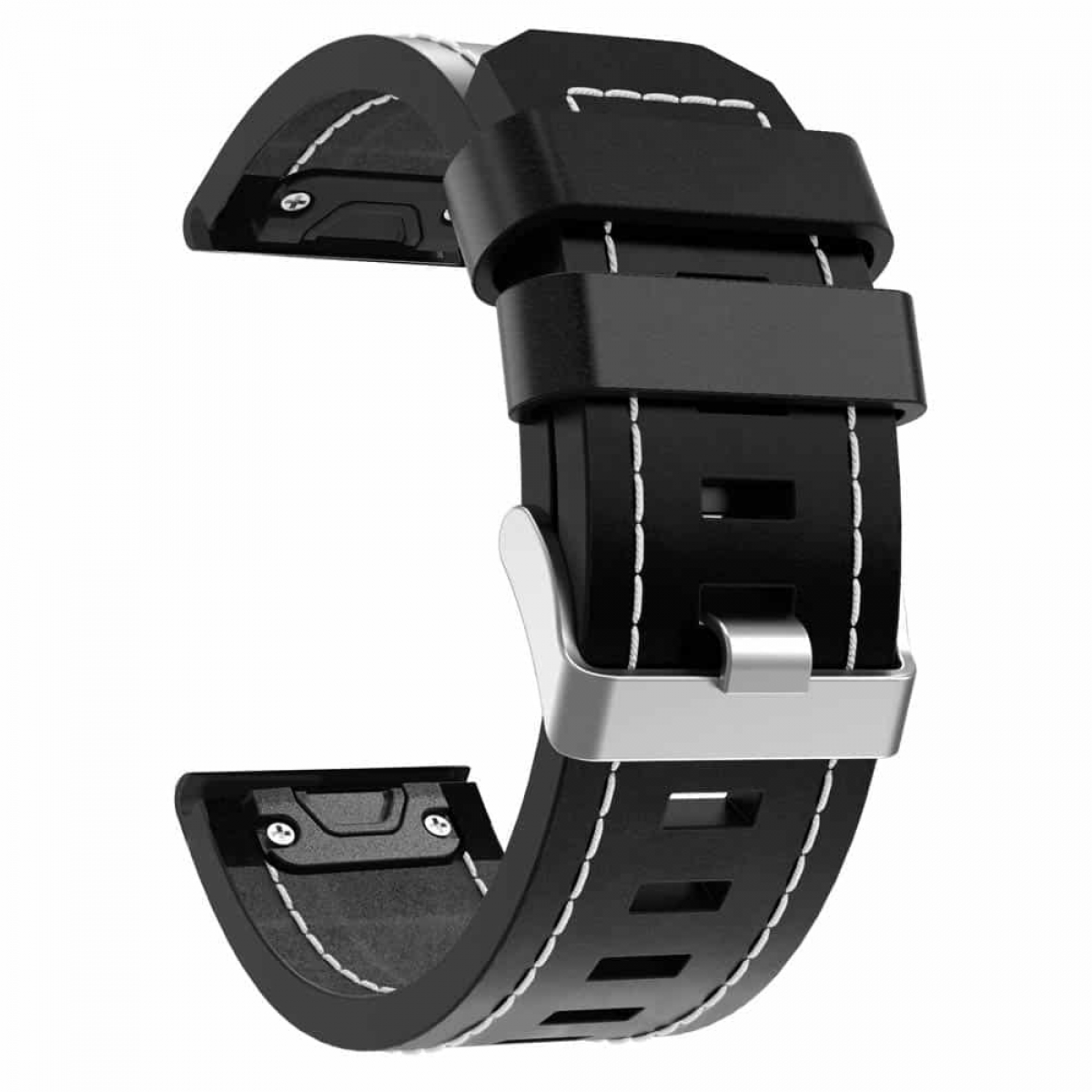 Schwarzes Uhrenarmband mit weißen Nähten und einer silbernen Schnalle. Das Armband ist gefaltet dargestellt.