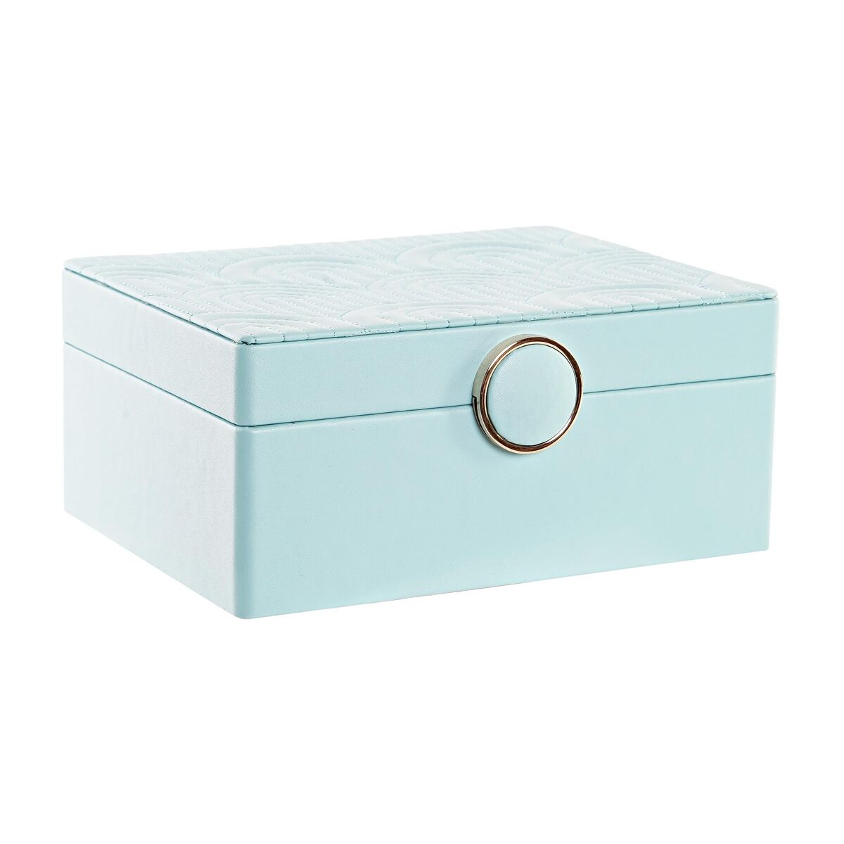 Hellblaue Schmuckschatulle mit goldfarbenem, rundem Griff und geprägtem Blumendesign.