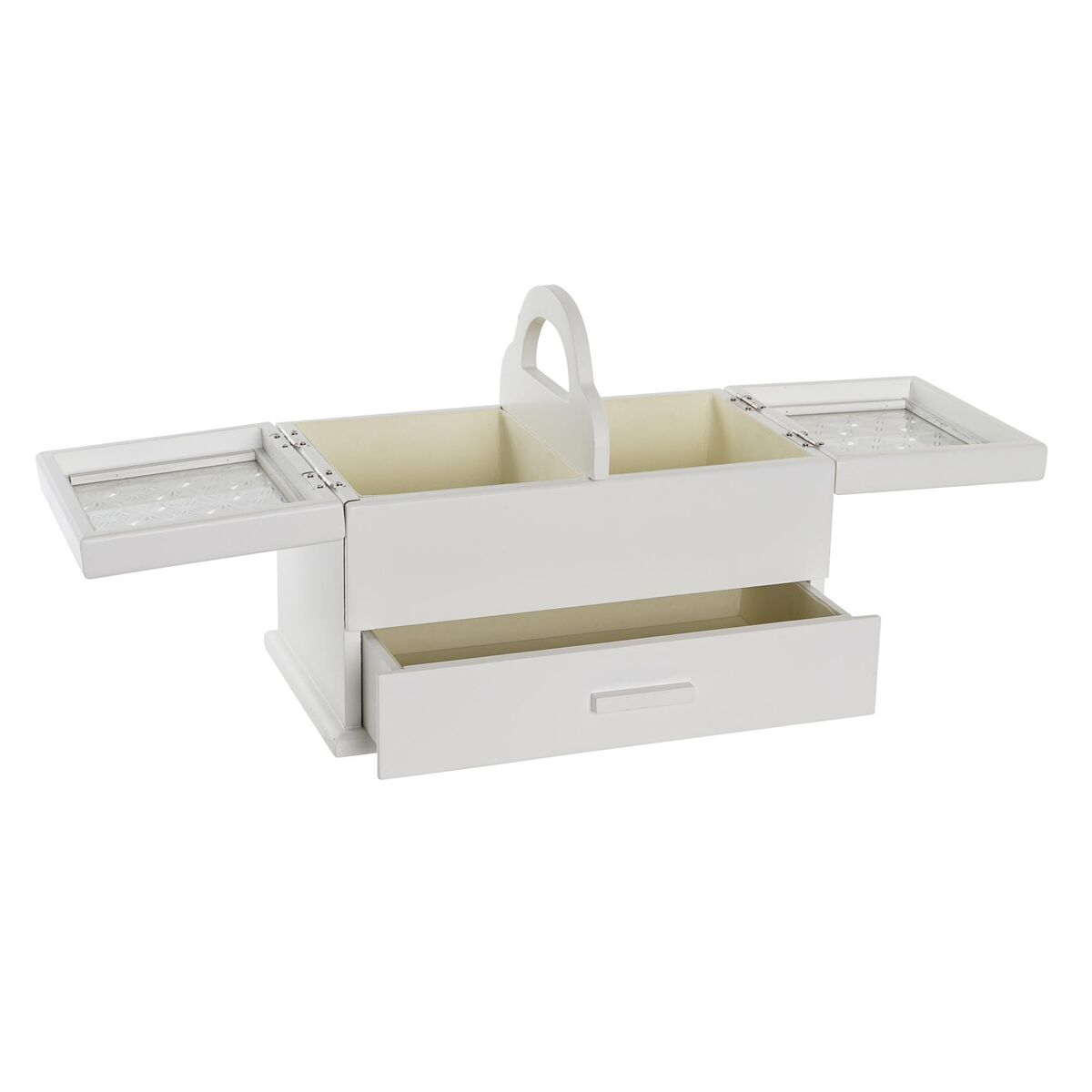 Weißer Holzorganisator mit Griff, geöffnet. Enthält zwei Fächer und eine Schublade.