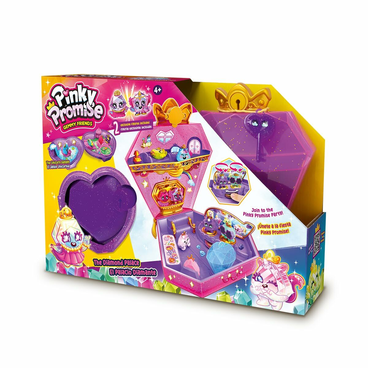 Pinky Promise Spielzeugkiste. Die Box ist pink mit mehreren Figuren und Zubehör.