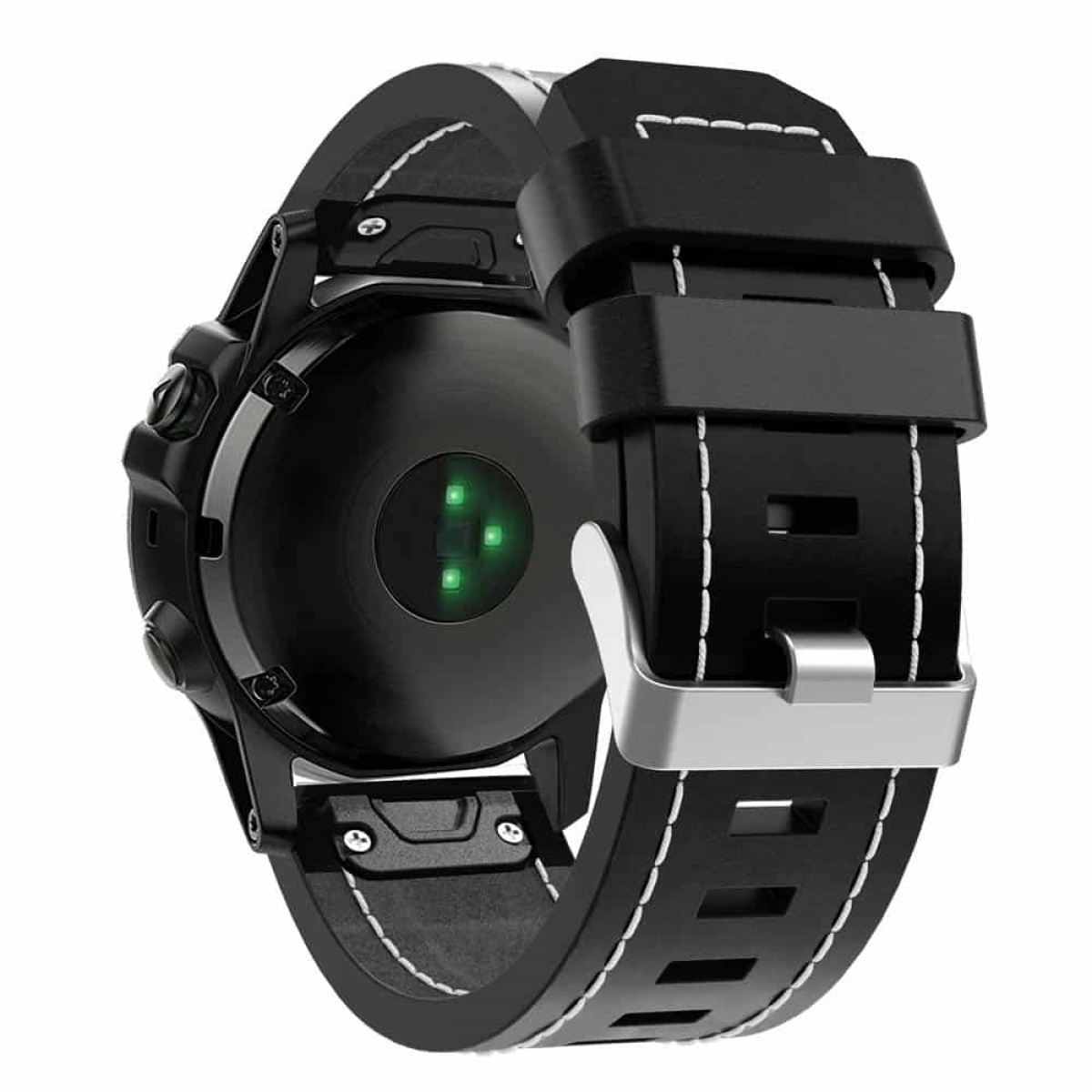Schwarz-weiße Smartwatch, Rückansicht mit Herzfrequenzsensor. Schwarzes Armband mit weißen Nähten.