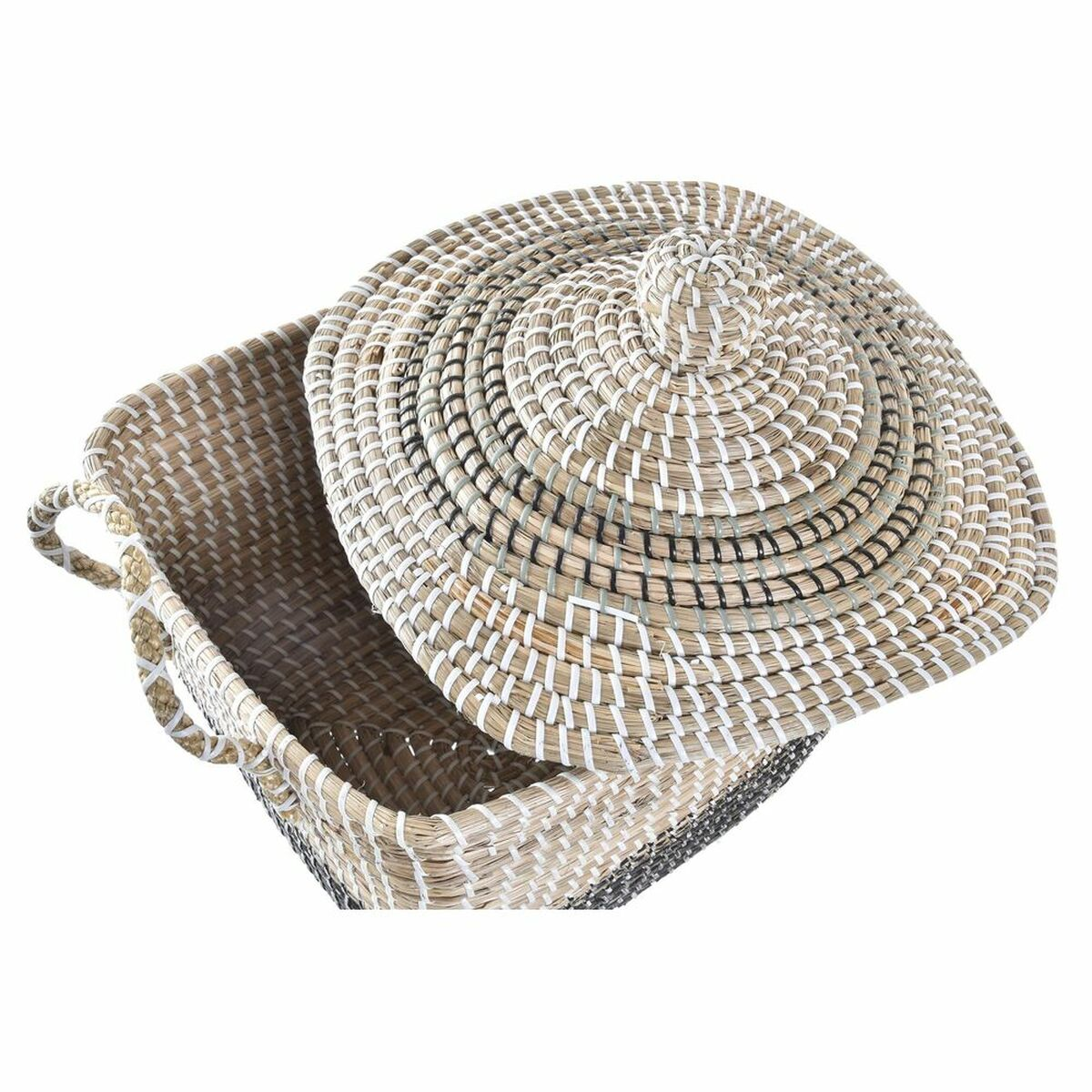 Offener Webkorb mit Deckel. Beige- und Weißwebung mit schwarzem Band.
