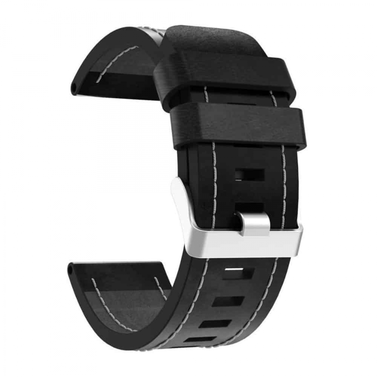 Schwarzes Uhrenarmband mit weißen Nähten und einer silbernen Schnalle.