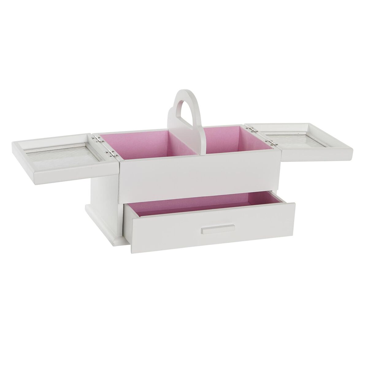 Weiße Schmuckschatulle mit rosa Innenraum. Die Box hat einen Griff, eine Schublade und zwei Seitenfächer.