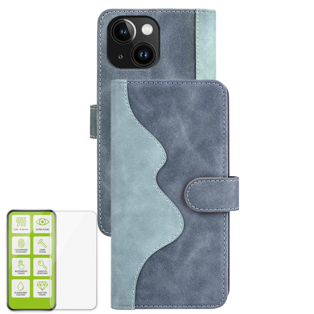 WIGENTO Produktset 2farbige Hart H9 15, Backcover, Blau Glas Book + iPhone Wallet Tasche Folie, Apple