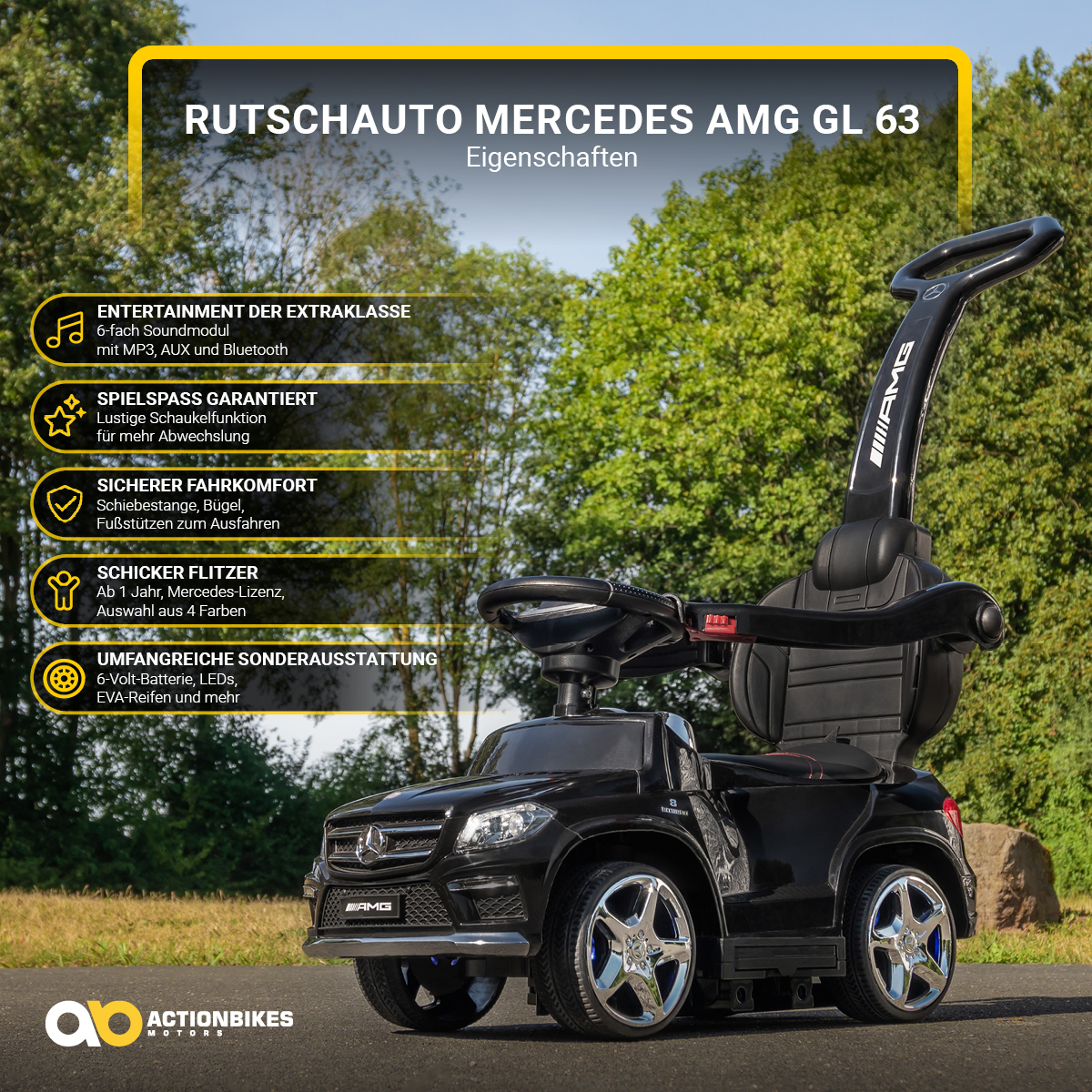 Mercedes ACTIONBIKES - LED - AMG Bluetooth 63 - mit GL Trittbretter Schaukelfunktion - Rutschauto - MP3 - MOTORS Schiebstange