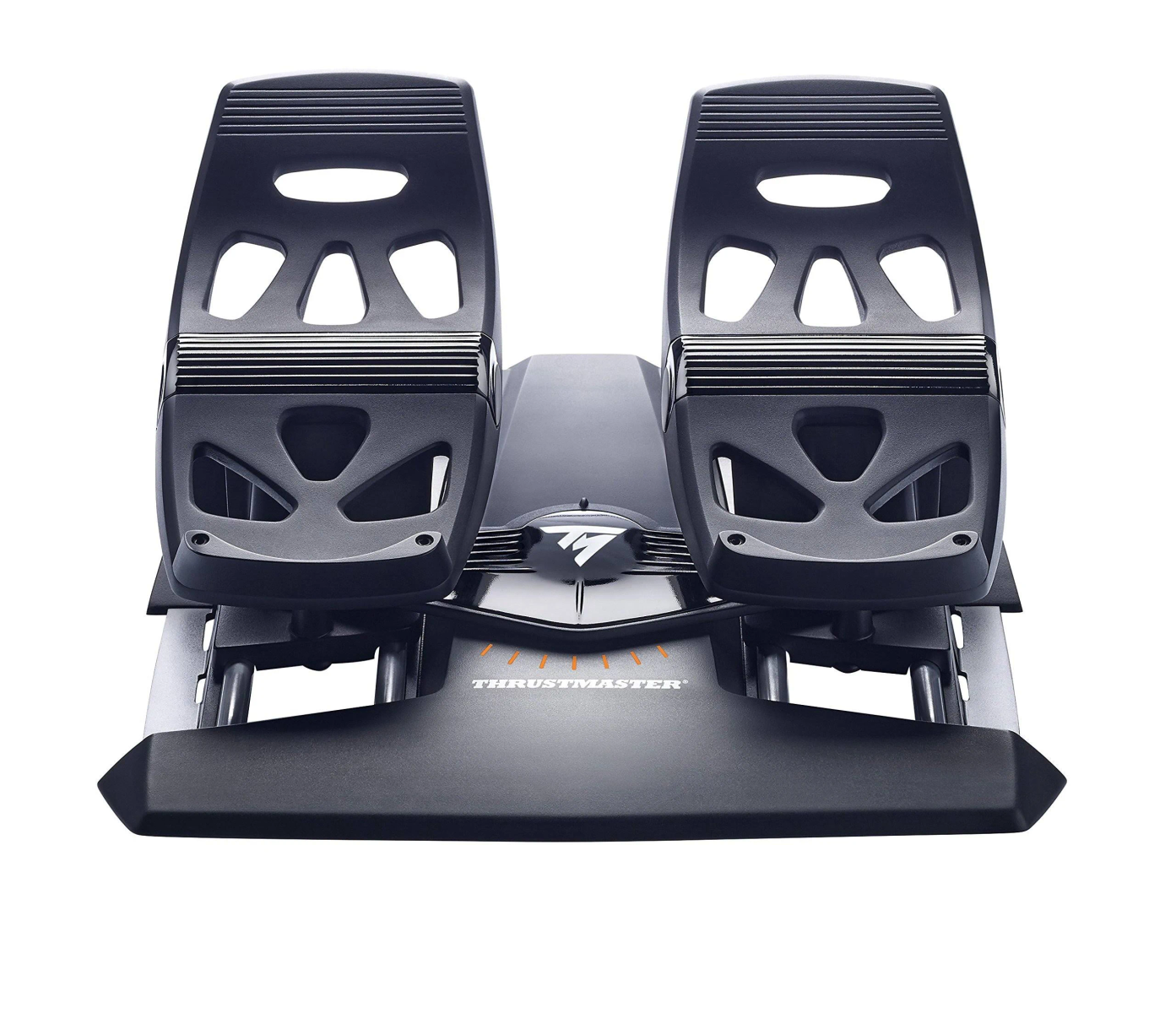 Schwarze Thrustmaster-Flugpedale auf weißem Hintergrund, schräge Ansicht. Für Simulationsspiele.