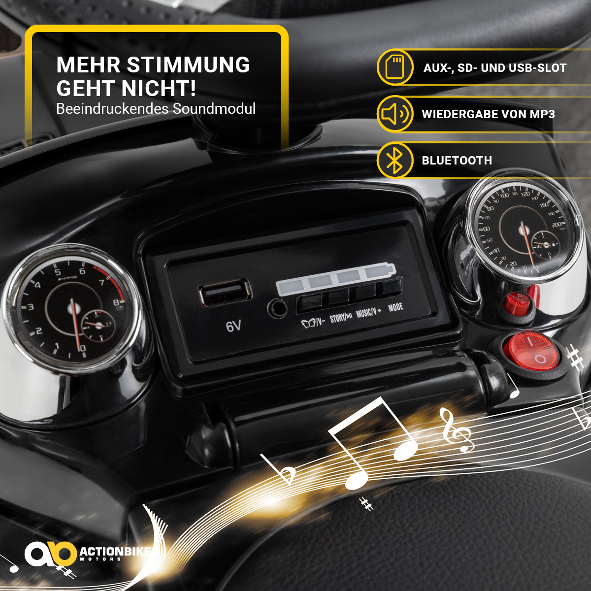 MOTORS - ACTIONBIKES mit Trittbretter - - MP3 63 LED Schiebstange Rutschauto - - Schaukelfunktion - AMG Mercedes Bluetooth GL