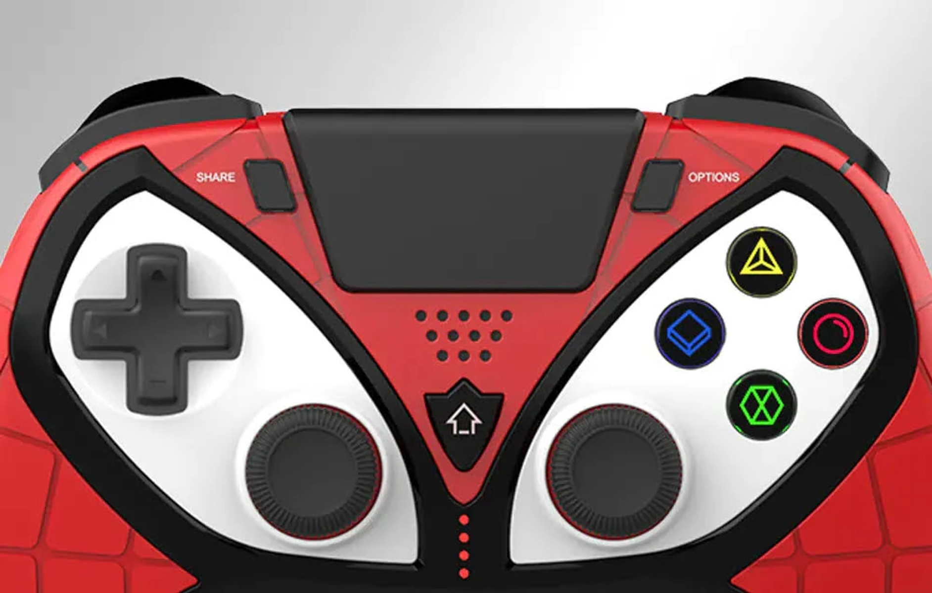 Roter und schwarzer Playstation-Controller im Spider-Man-Design. Er hat Knöpfe und Joysticks.