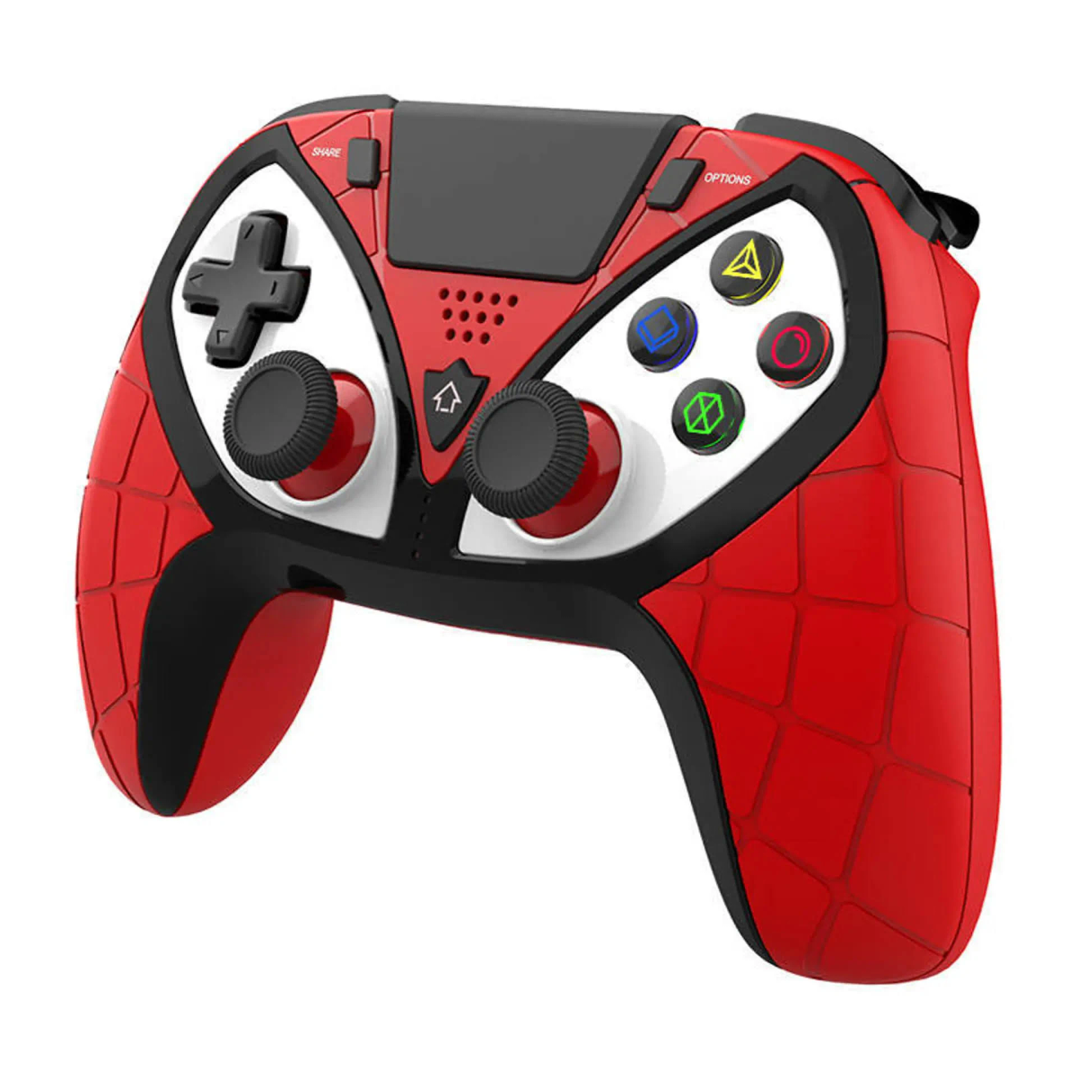 Roter Spiderman-Controller. Schwarze Knöpfe, weiße Akzente, rotes Spiderman-Design.