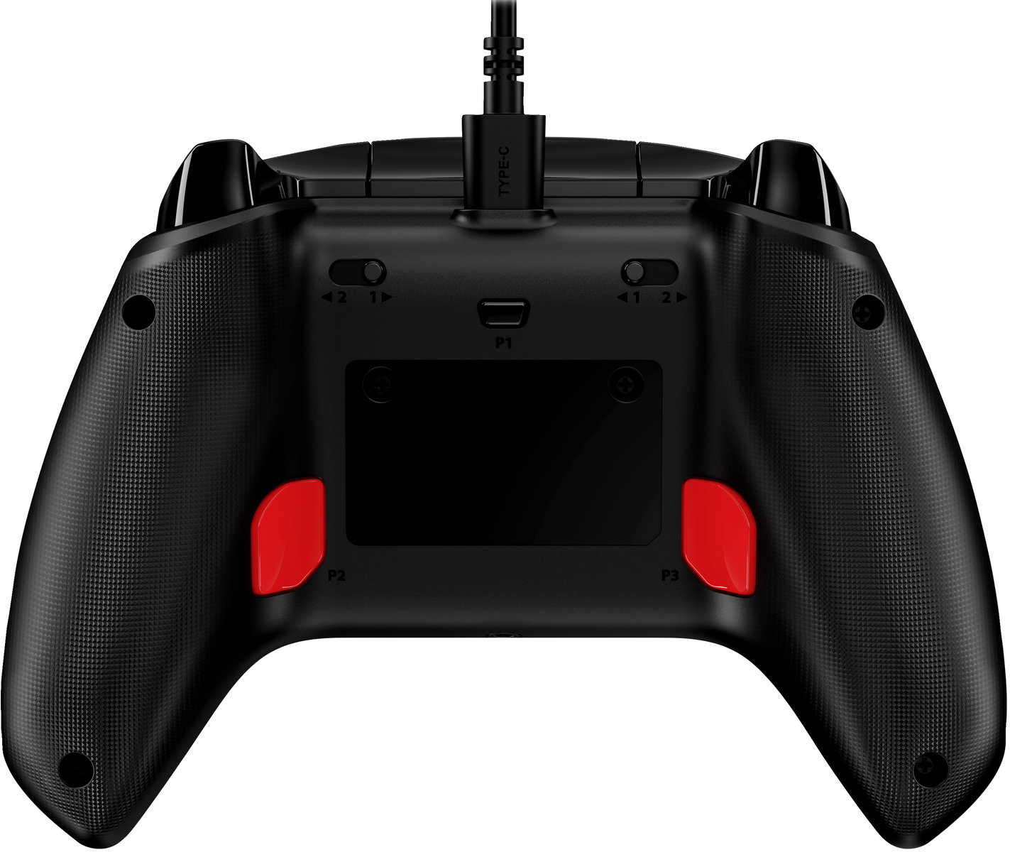 Czarny kontroler do gier z czerwonymi przyciskami, P2 i P3, port USB-C i przycisk P1.