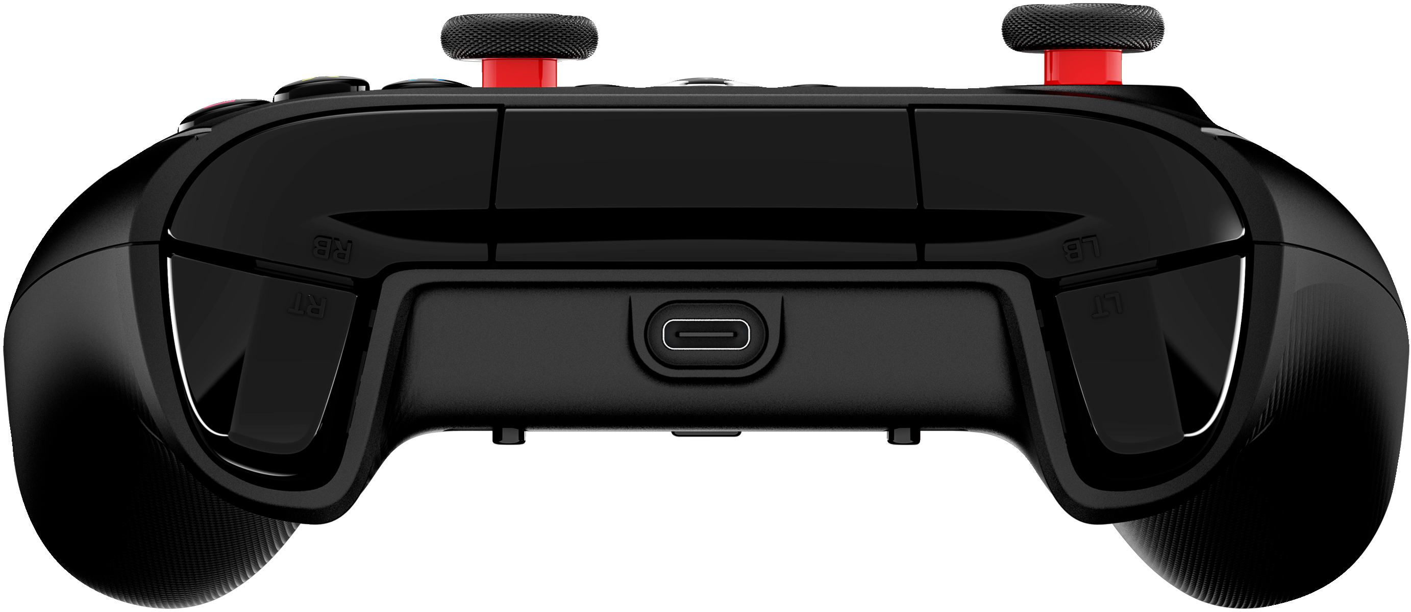 Czarny kontroler do gier z czerwonymi przyciskami i portem USB-C na dole.