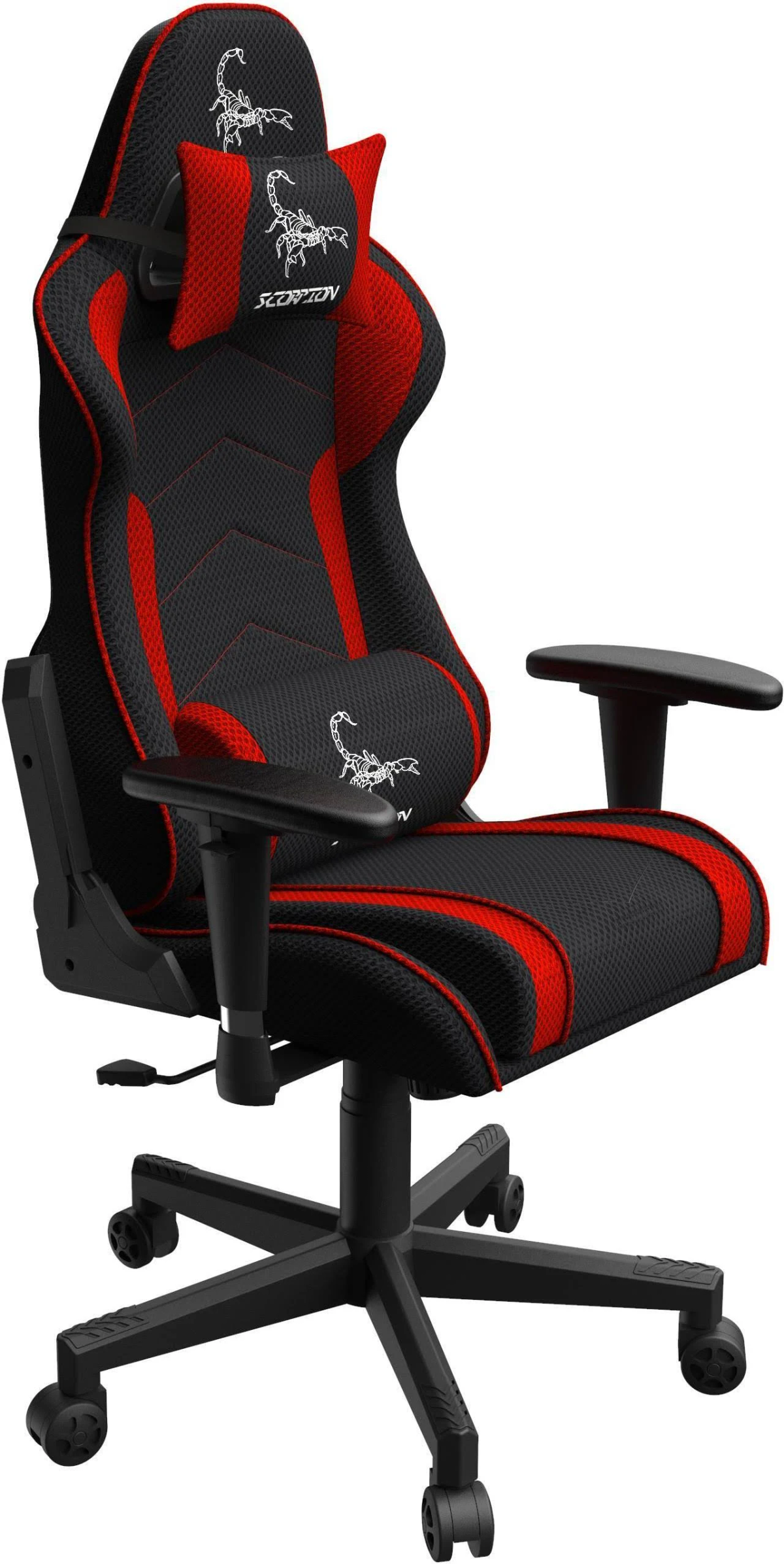 Ein rot-schwarzer Gaming-Stuhl mit einem Skorpion-Logo wird gezeigt. Er hat eine Kopfstütze und Armlehnen.
