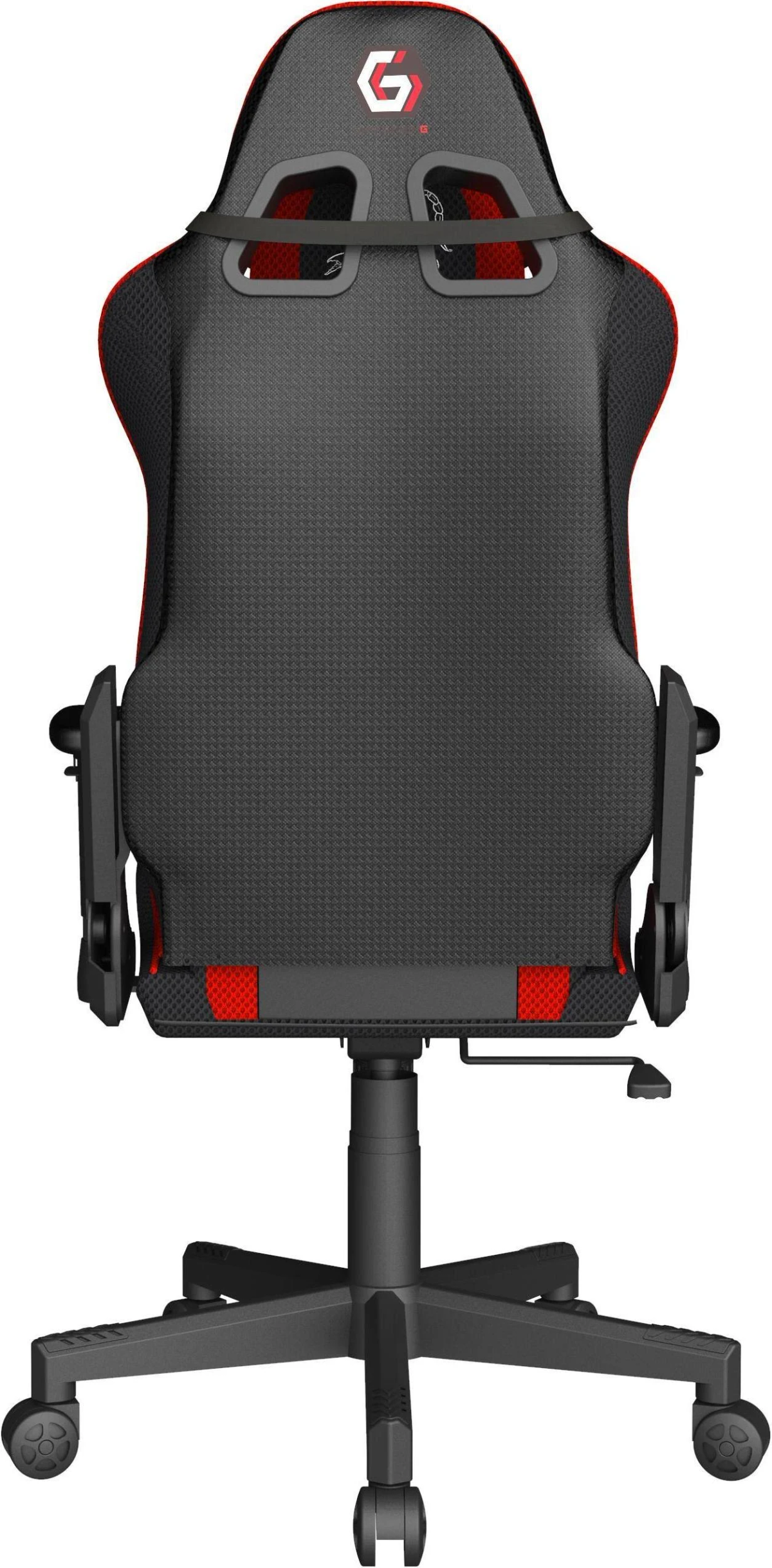 Ein schwarz-roter Gaming-Stuhl von hinten gesehen. Der Stuhl hat eine Netzrückenlehne und rote Akzente.