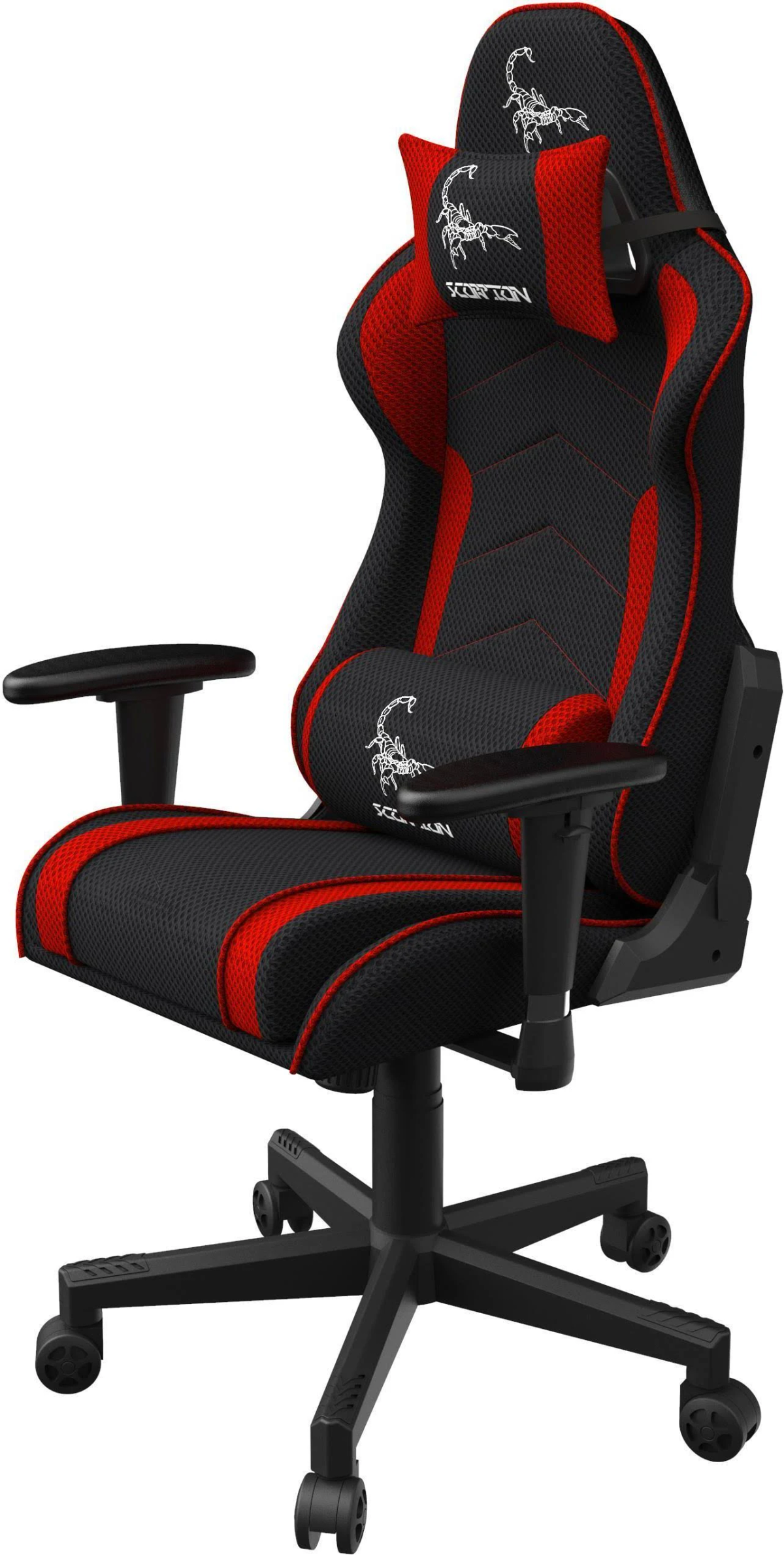 Gaming-Stuhl. Schwarz und Rot mit Skorpion-Logo. Der Stuhl steht auf schwarzem Fuß.