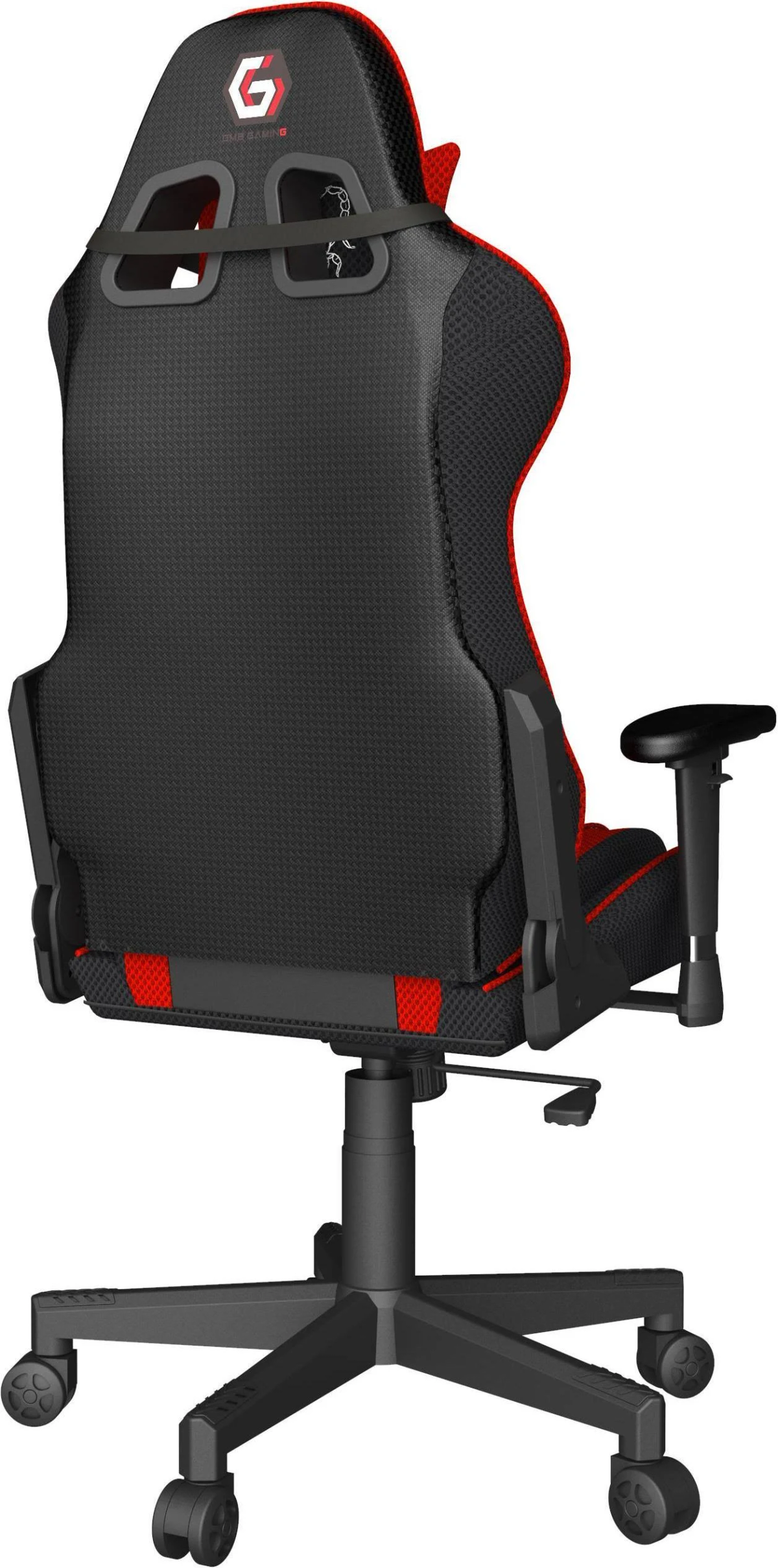 Gaming-Stuhl, schwarz und rot, von hinten gesehen. Verfügt über eine Kopfstütze und Lendenwirbelstütze.