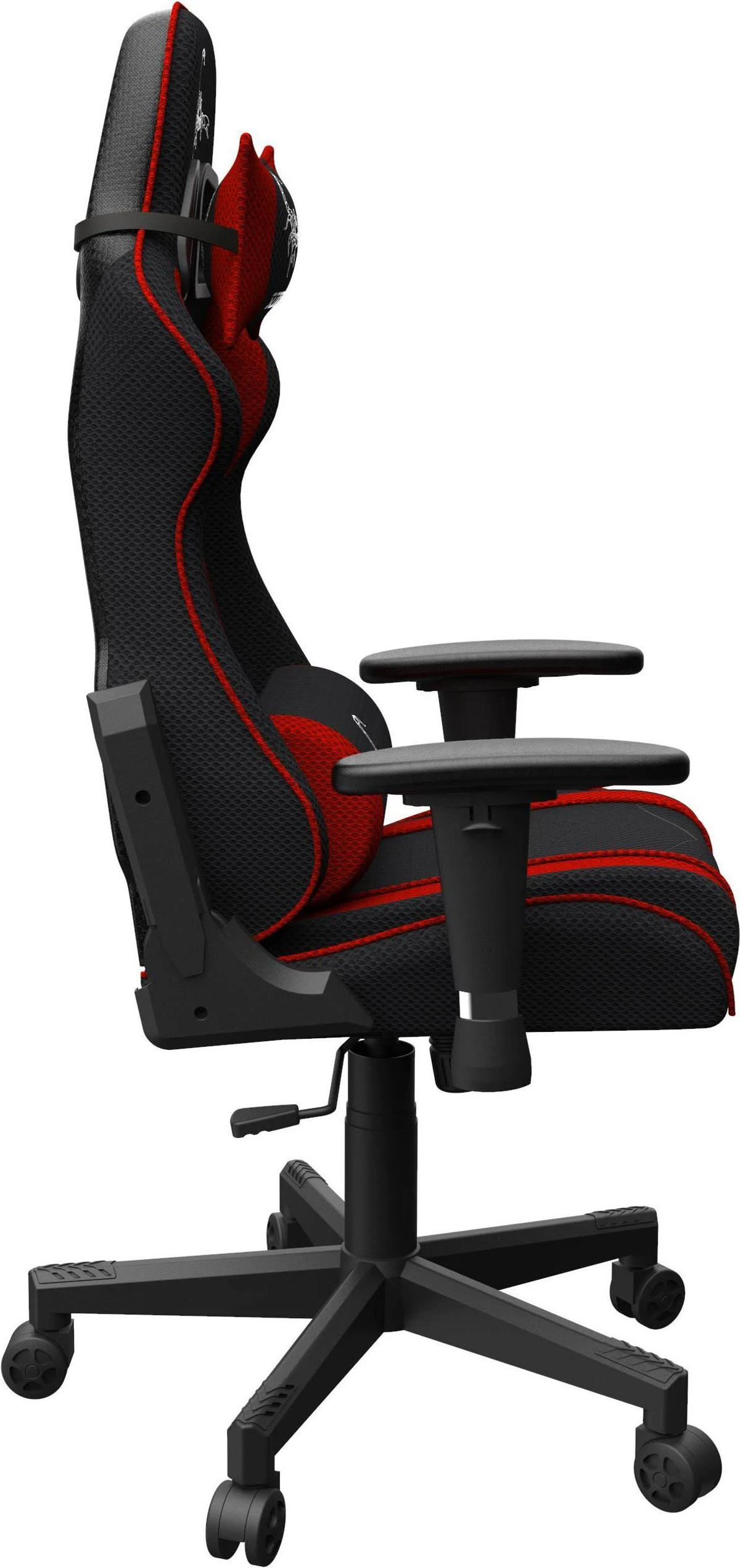 Seitenansicht eines schwarz-roten Gaming-Stuhls mit hohem Rücken, Armlehnen und einem Fünf-Rollen-Fuß.