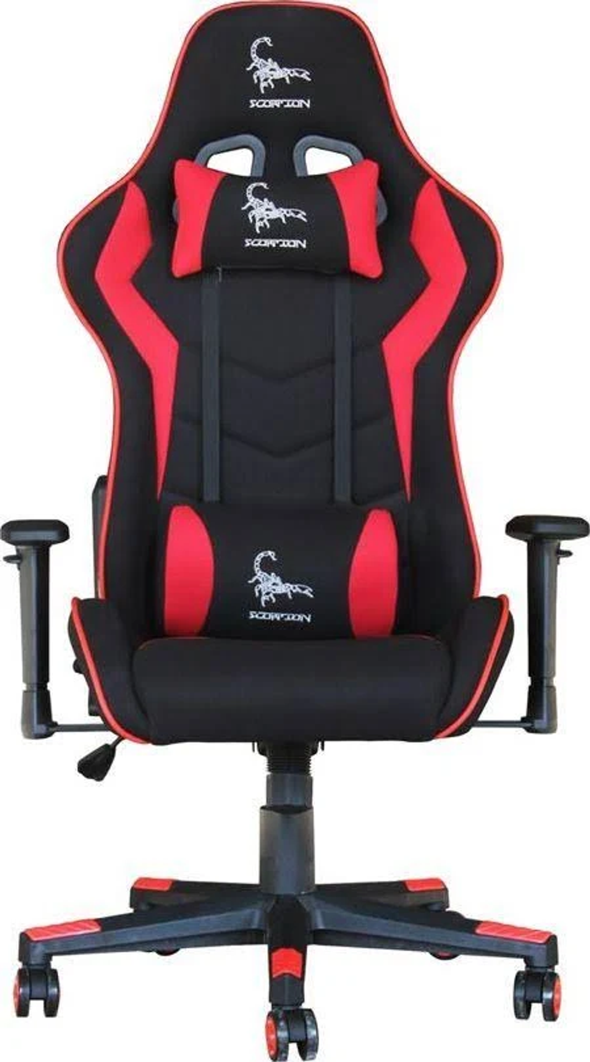 Schwarzer und roter Gaming-Stuhl mit einem Skorpion-Logo.