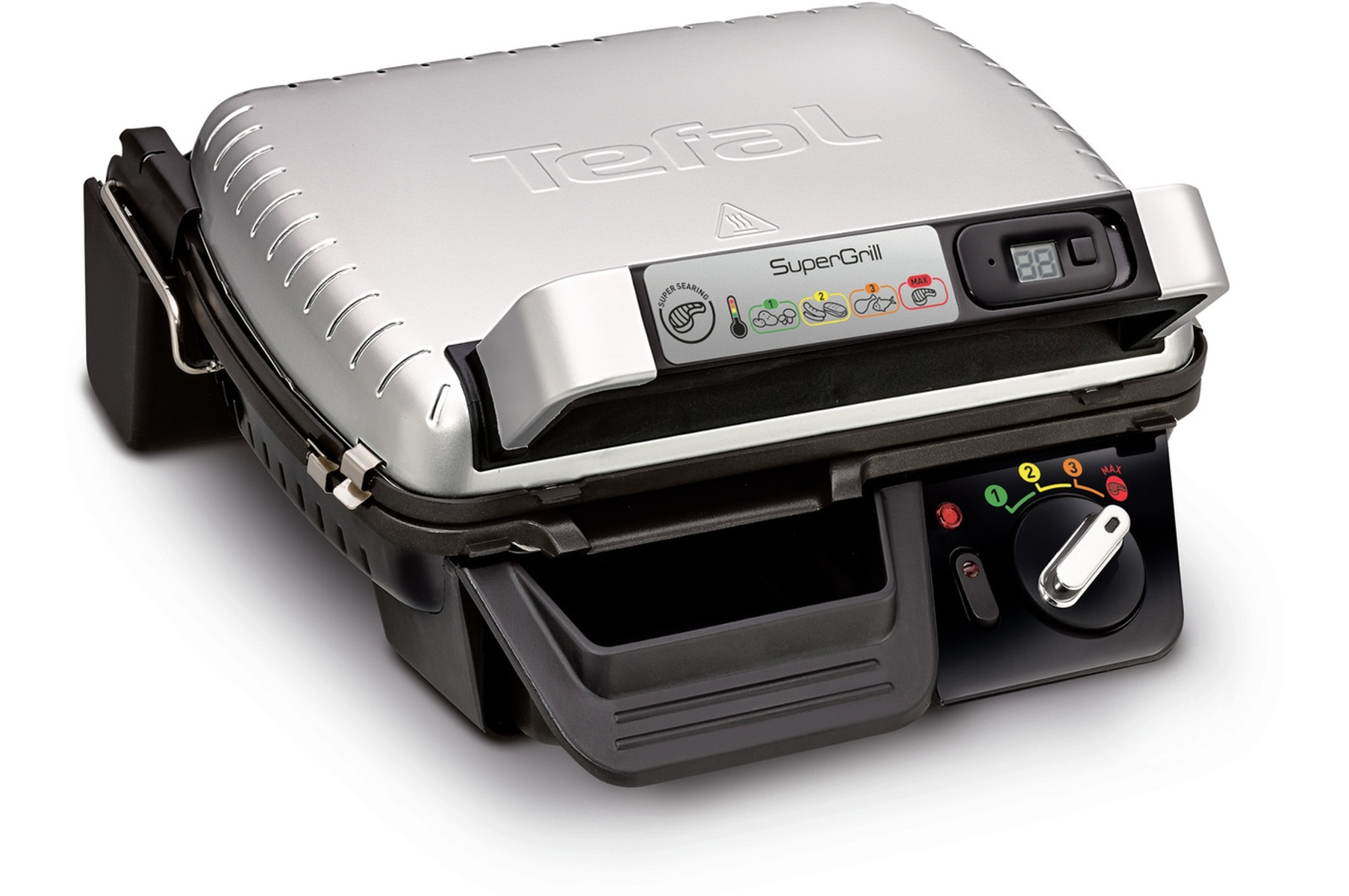 Un electrodoméstico Tefal SuperGrill plateado, mostrando la parte superior, con panel de control y asa.