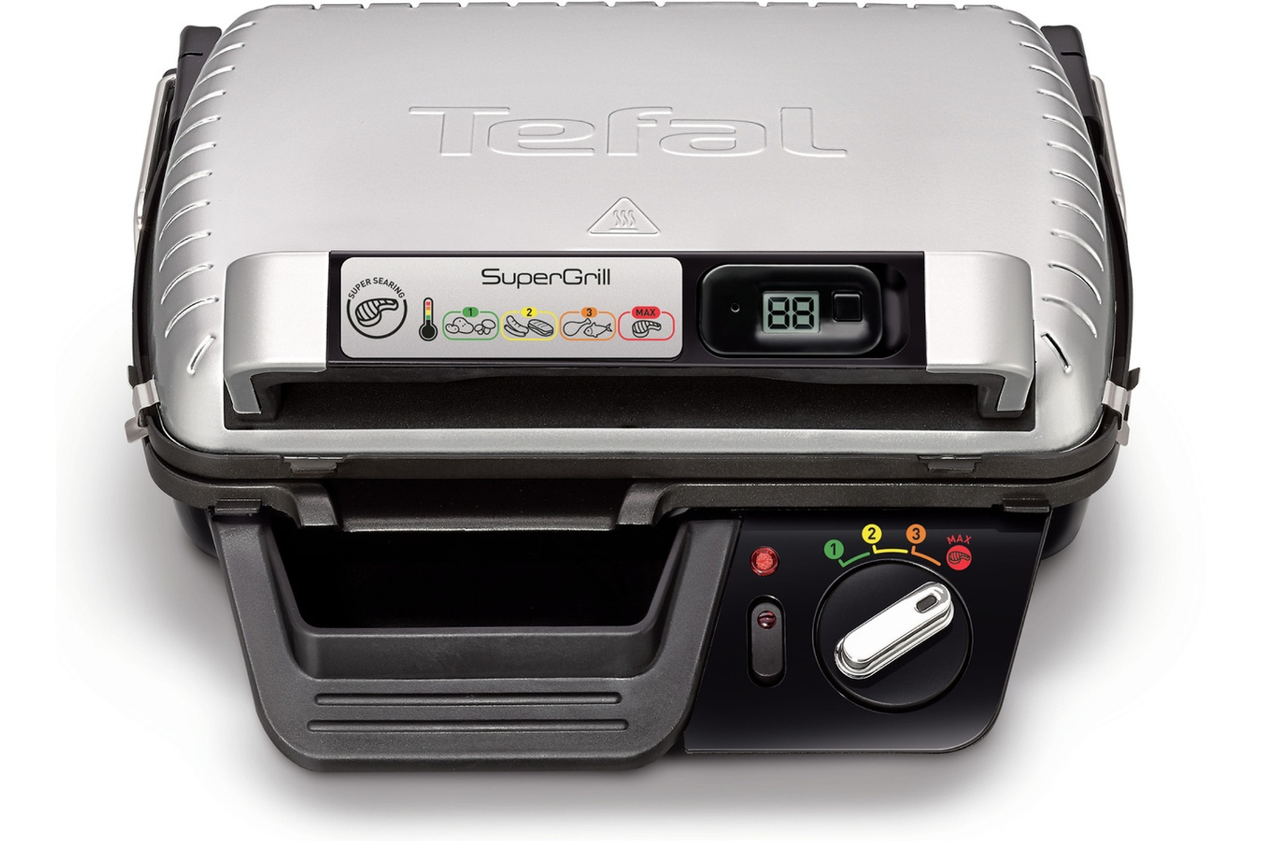 Un Tefal SuperGrill. Es de color plateado y negro con un panel de control y una pantalla digital.