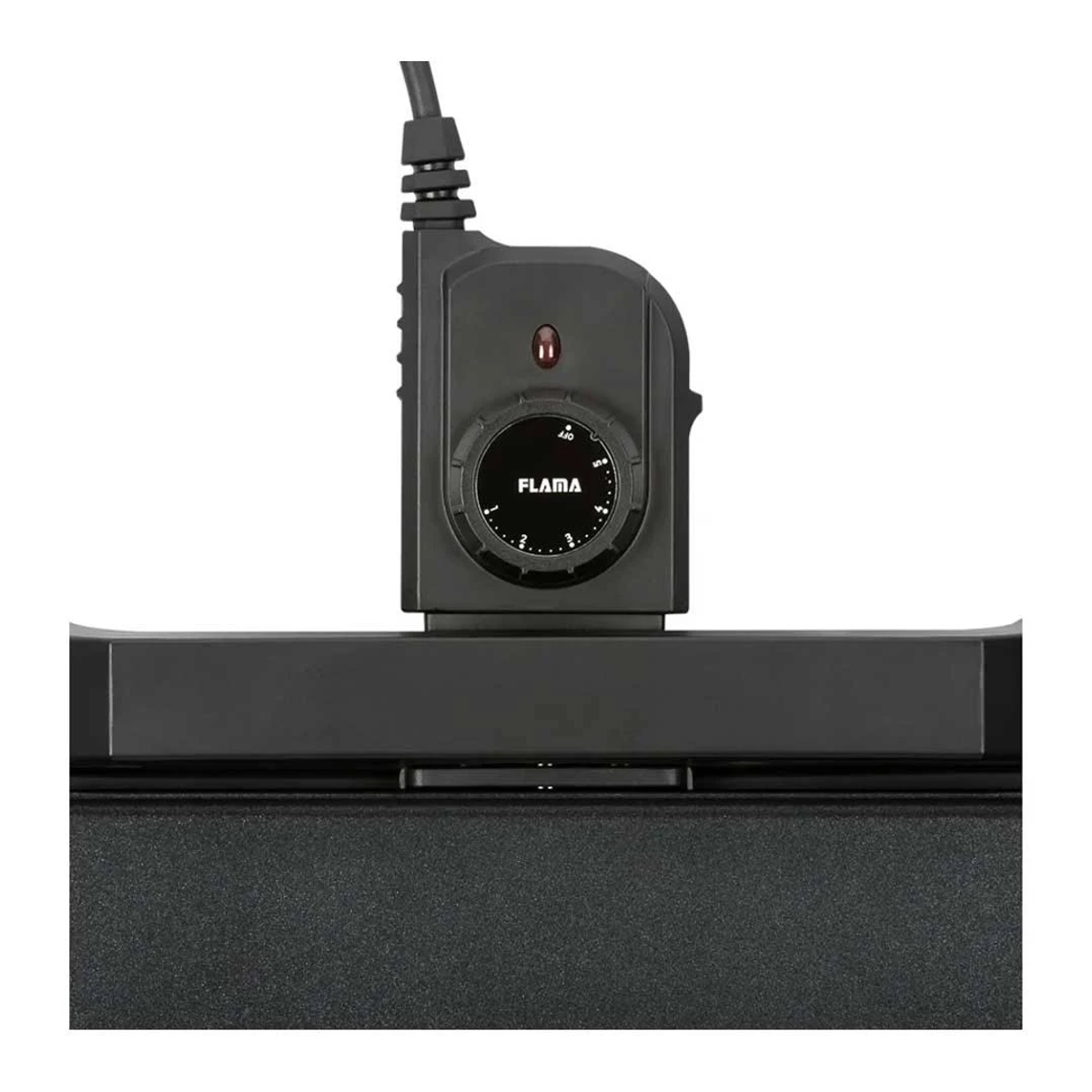Un panel de control negro con un dial y una luz roja. El panel está conectado a una parrilla negra.