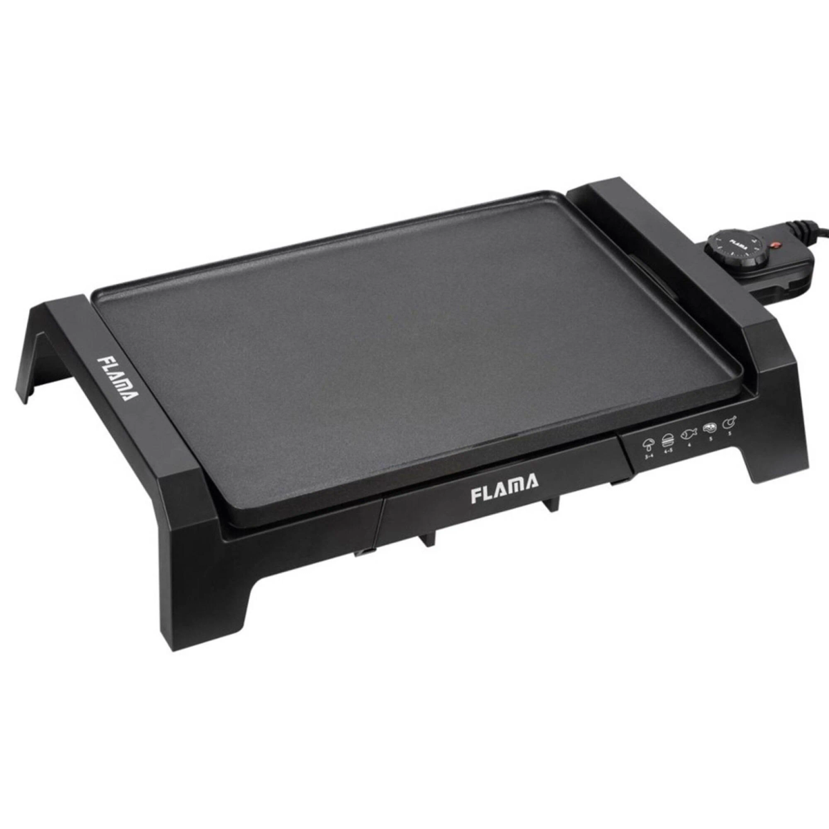 Plancha eléctrica negra con superficie de cocción y dial de control a la derecha. La marca es Flama.