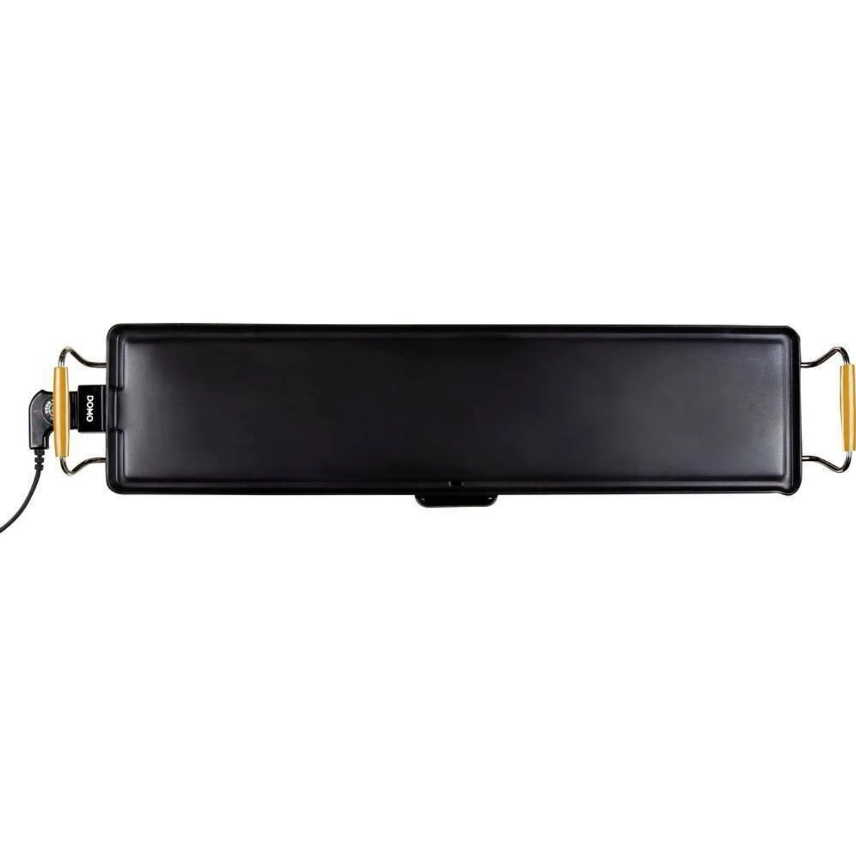 Plancha rectangular negra con asas doradas. Tiene un cable de alimentación.